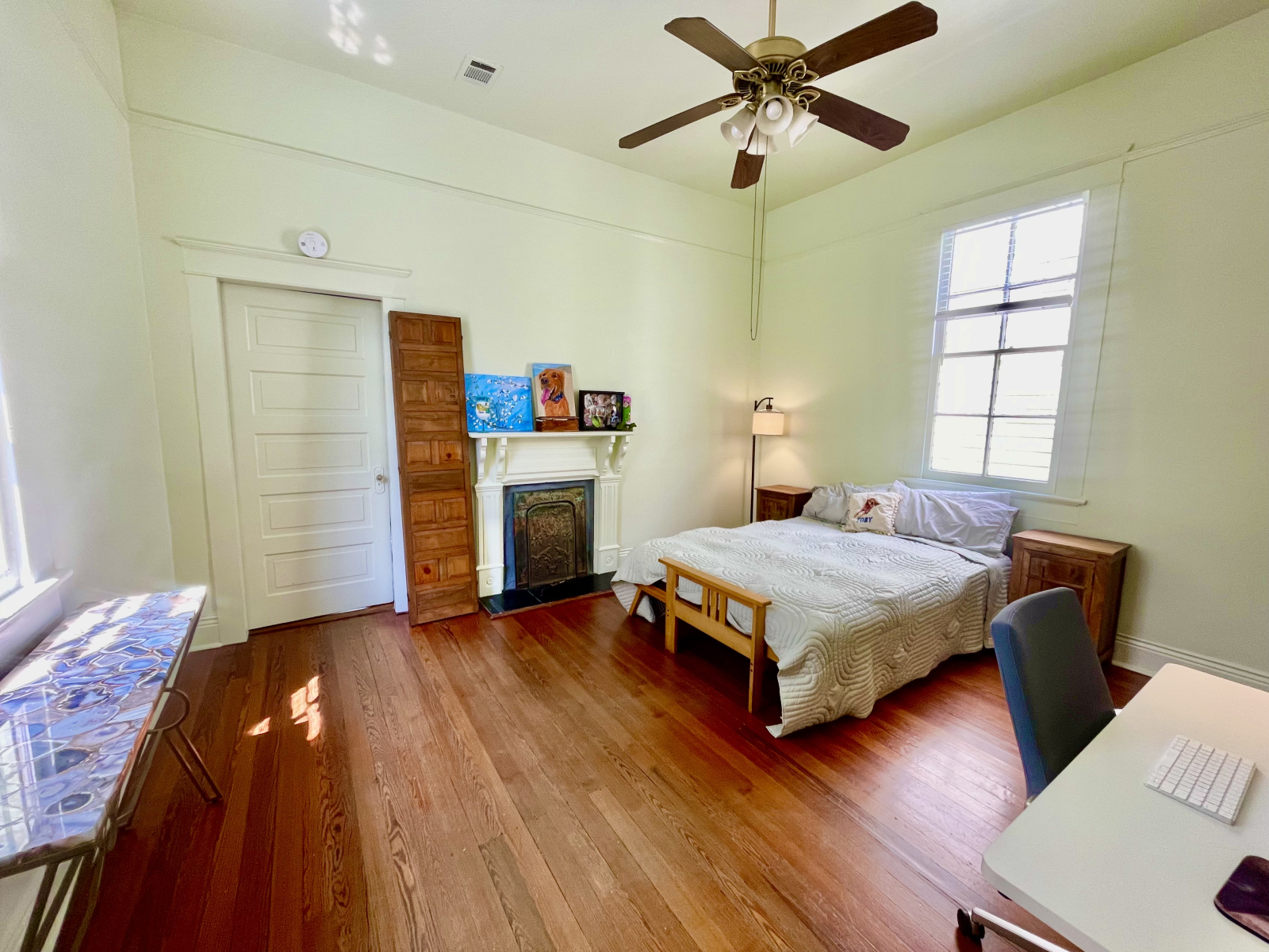Fireplace architectural element shines in the second bedroom.