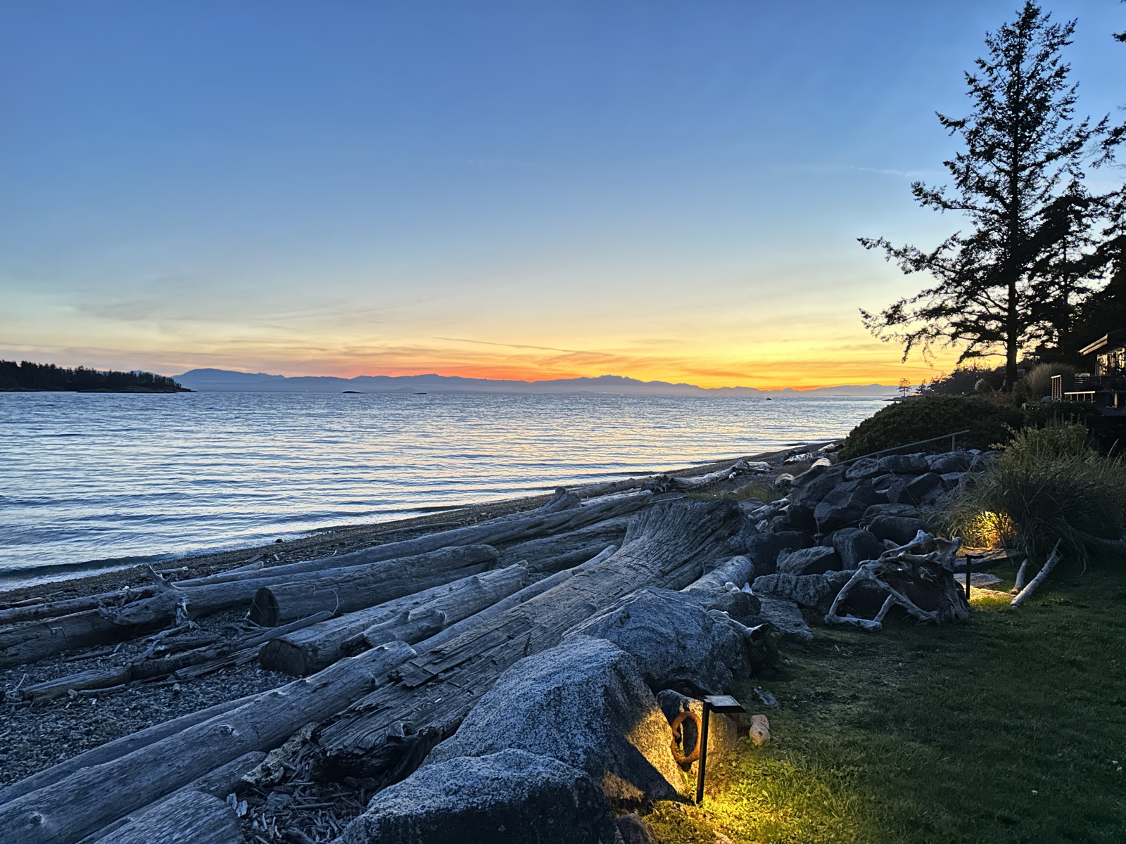 Sunset with views of Parksville and the mountains on Vancouver Island.