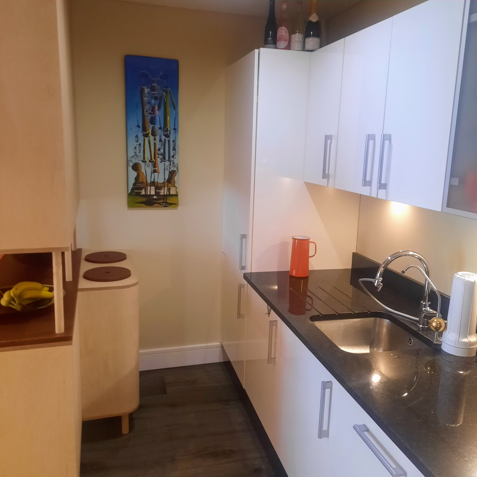 Água filtrada na torneira e todos os utensílios de cozinha habituais