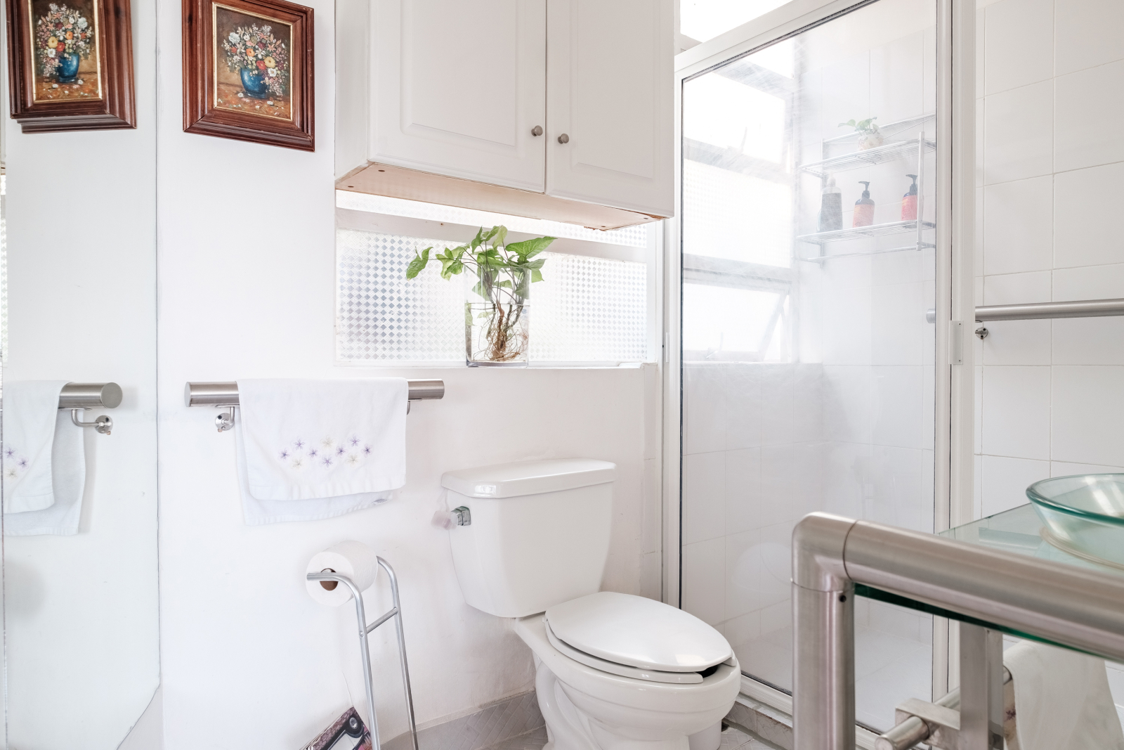 Private bathroom for the King Size room, fully equipped with safety grab bars for seniors. Impeccable and accessible!