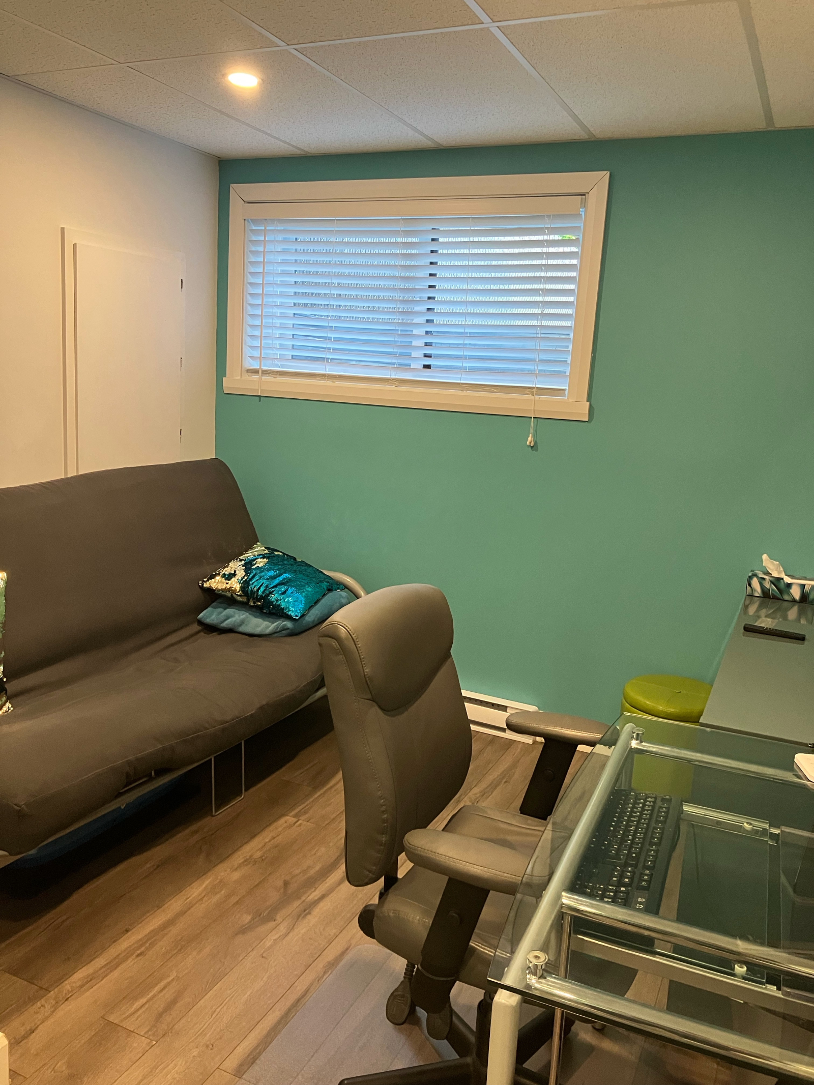 Double futon, smart TV with PlayStation and work desk