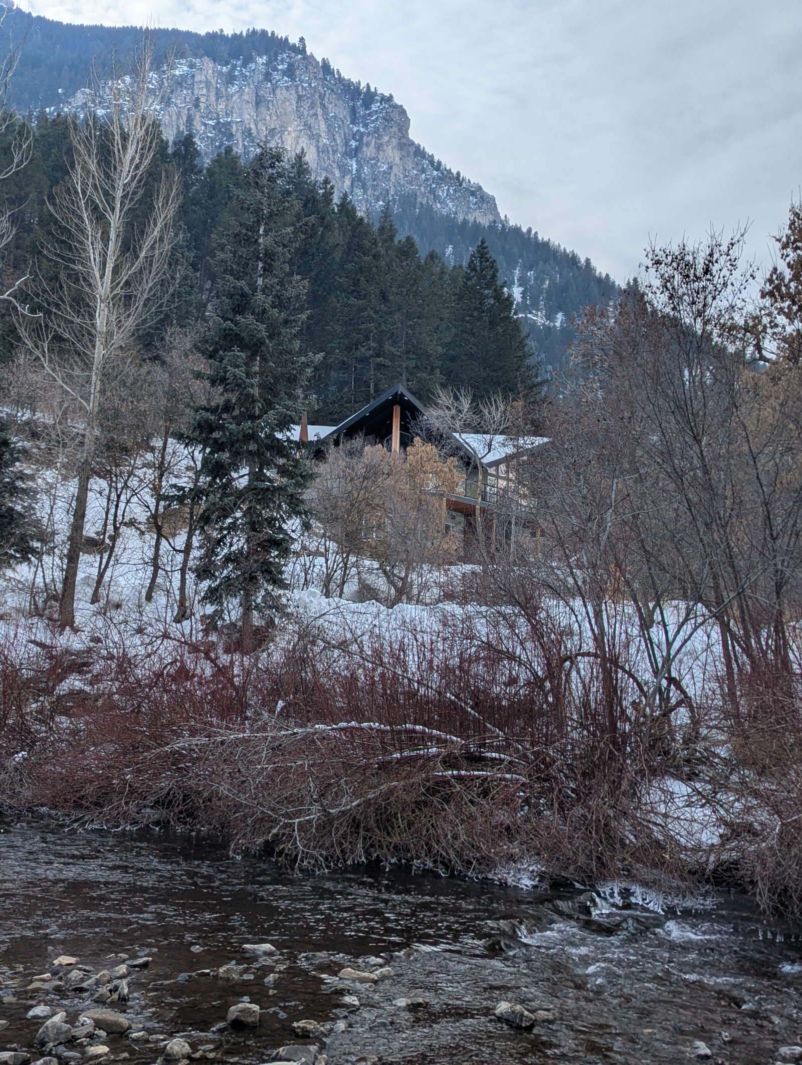 Our house, forest, cliffs and river, looking towards our covered deck.