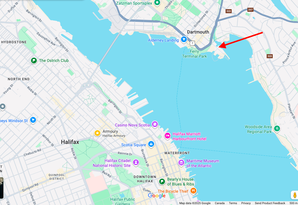 Port d’Halifax, montrant l’emplacement de notre condo en bord de port.