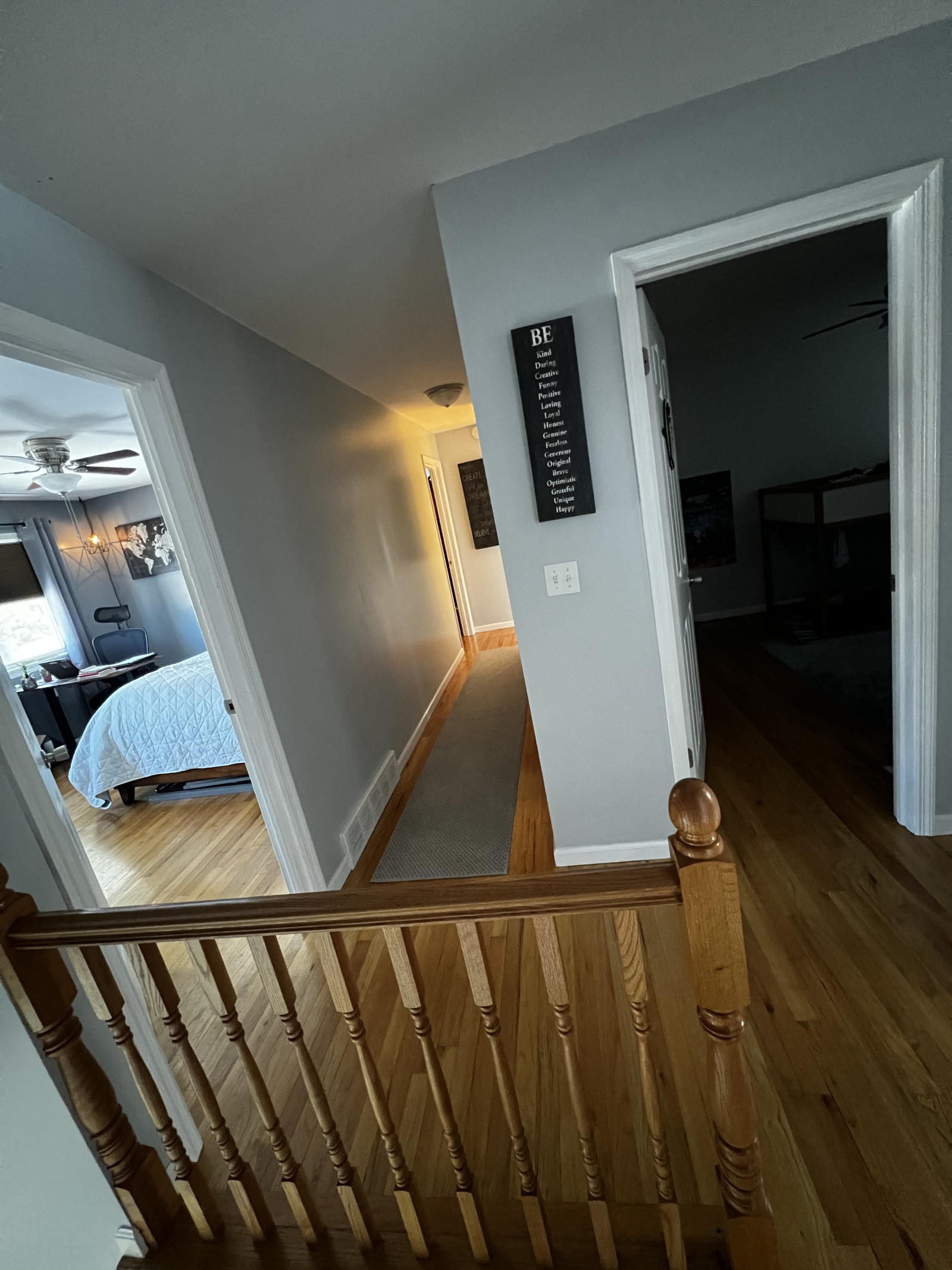 Upstairs has 4 bedrooms and a full bathroom (shower / tub). The 5th bedroom (our current master) will not be accessible to guests.