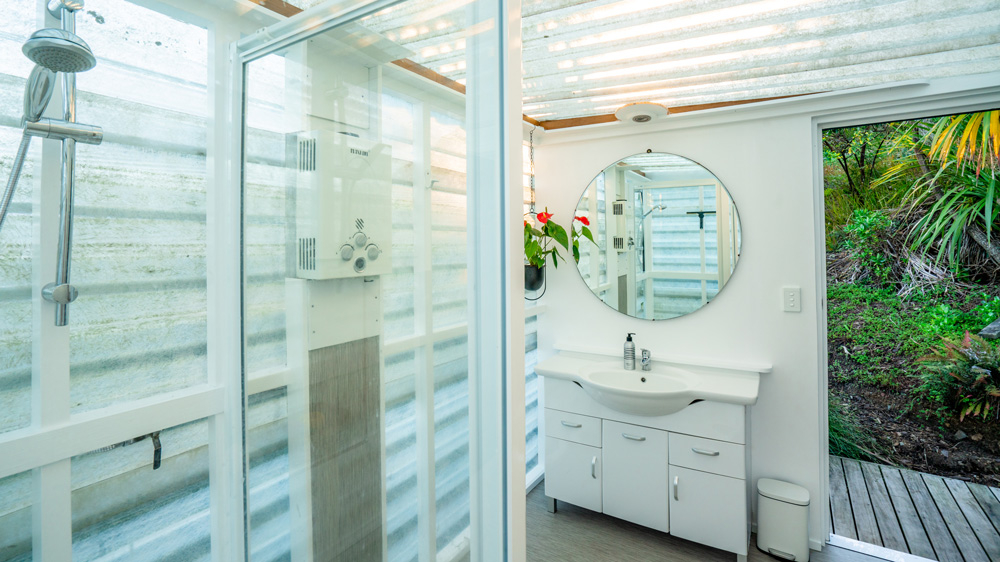 Salle de bain avec douche et vanité.