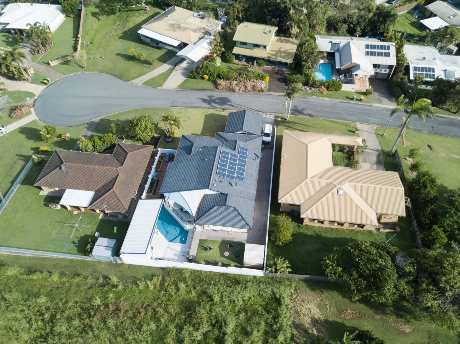 Drone view of our home in quiet cul de sac.