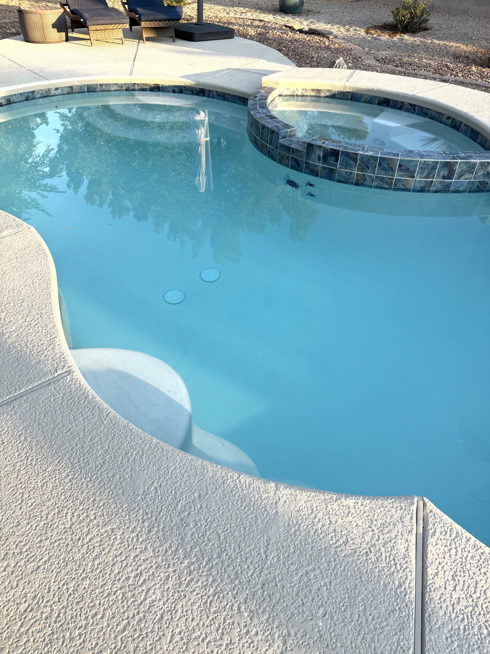 Aug 10th - Pool project complete! ☑️. New tile, replastered, painted pool deck and patio. Ready for ...