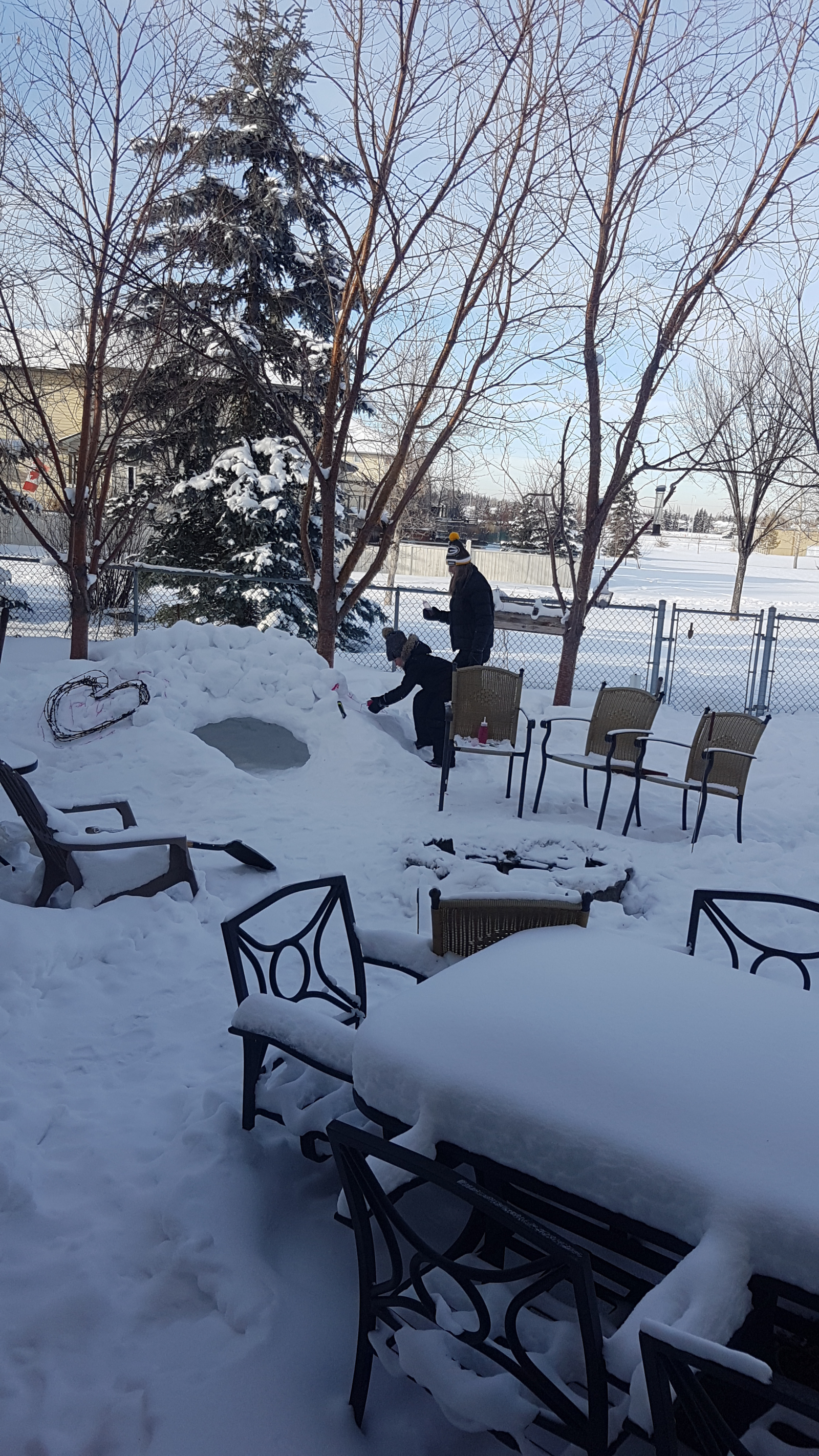 Grandchildren and Nana building an igloo in the back yard.