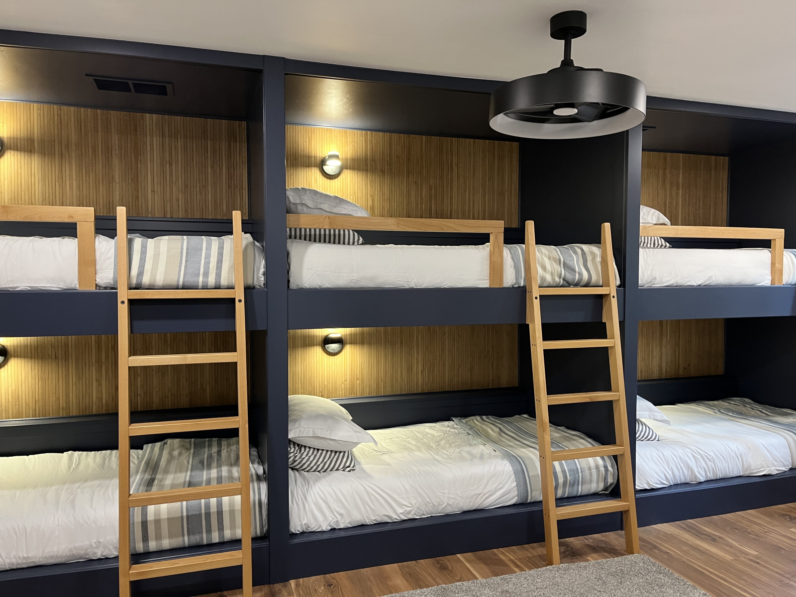 New bunk room in back of Cabin. Each bed has privacy curtain, reading light and usb port