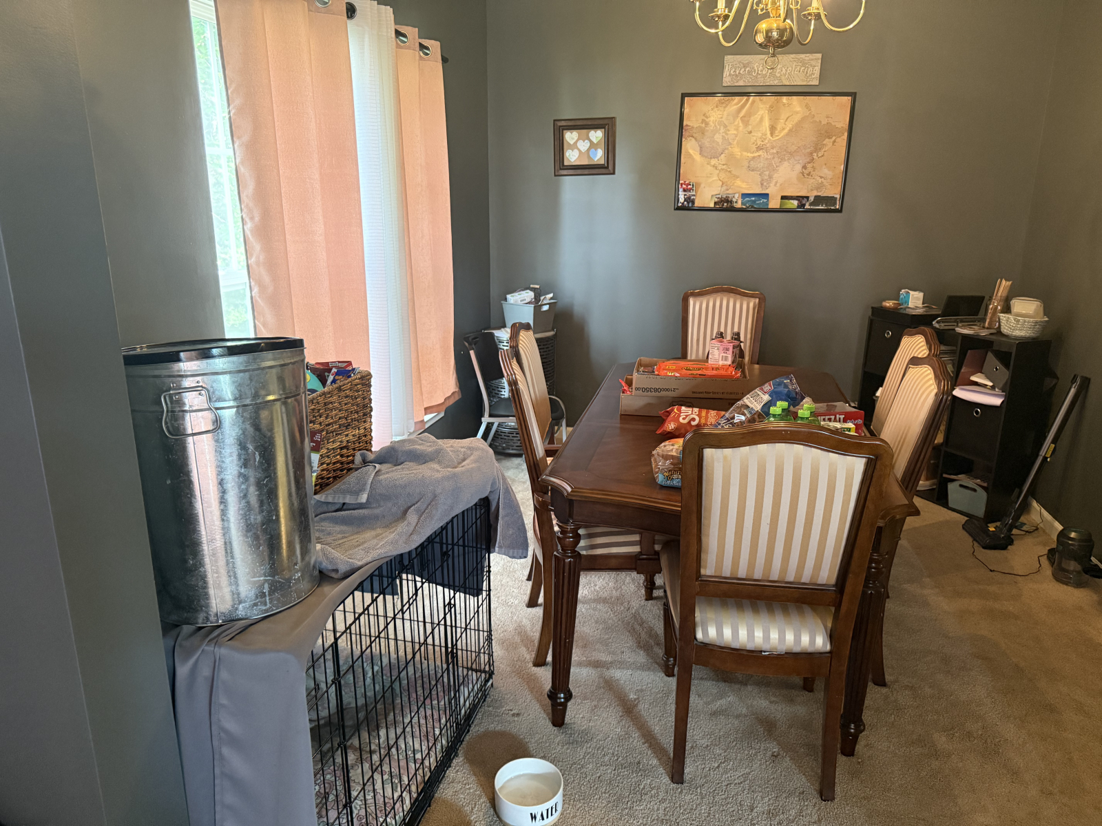 Dining room table, dog crate will be put away for your family visit. unless your family is bringing ...