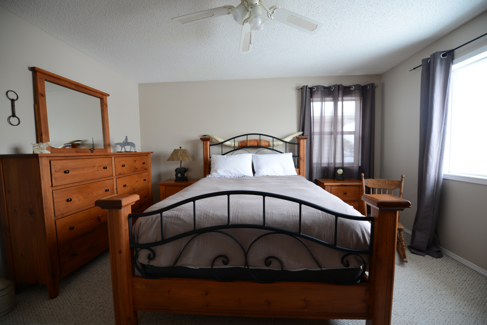 Primary bedroom, comfy queen size bed, walk in closet, TV.