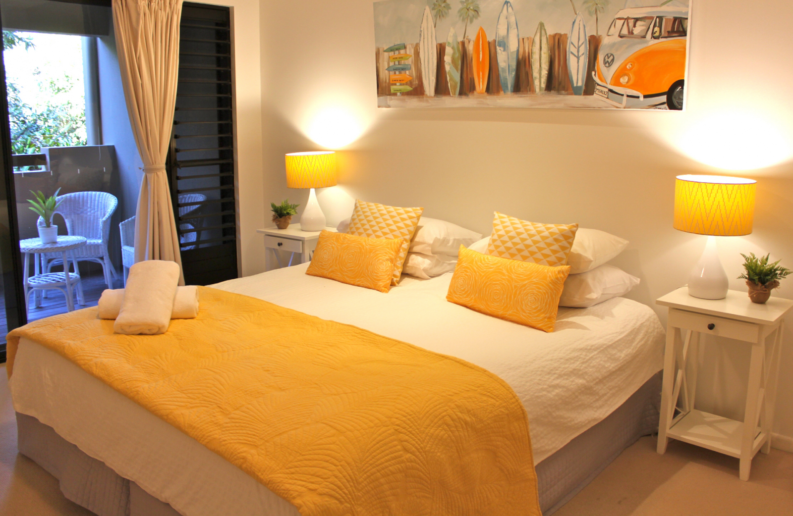 Yellow bedroom - king bed, opening on to lower deck