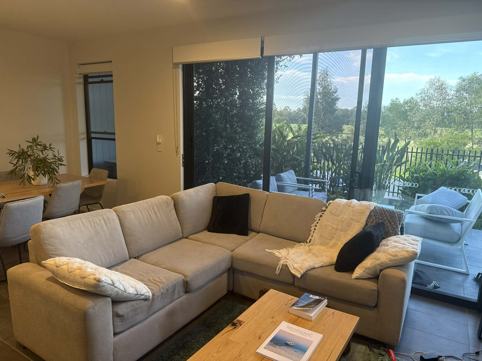 Open plan living/dining. Front Courtyard with lovely green outlook