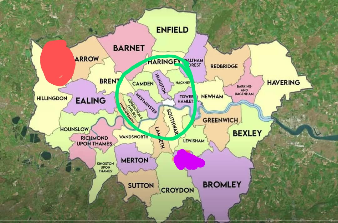Circled in red is where I live. Circles in green is the centre where most of the London main attract ...
