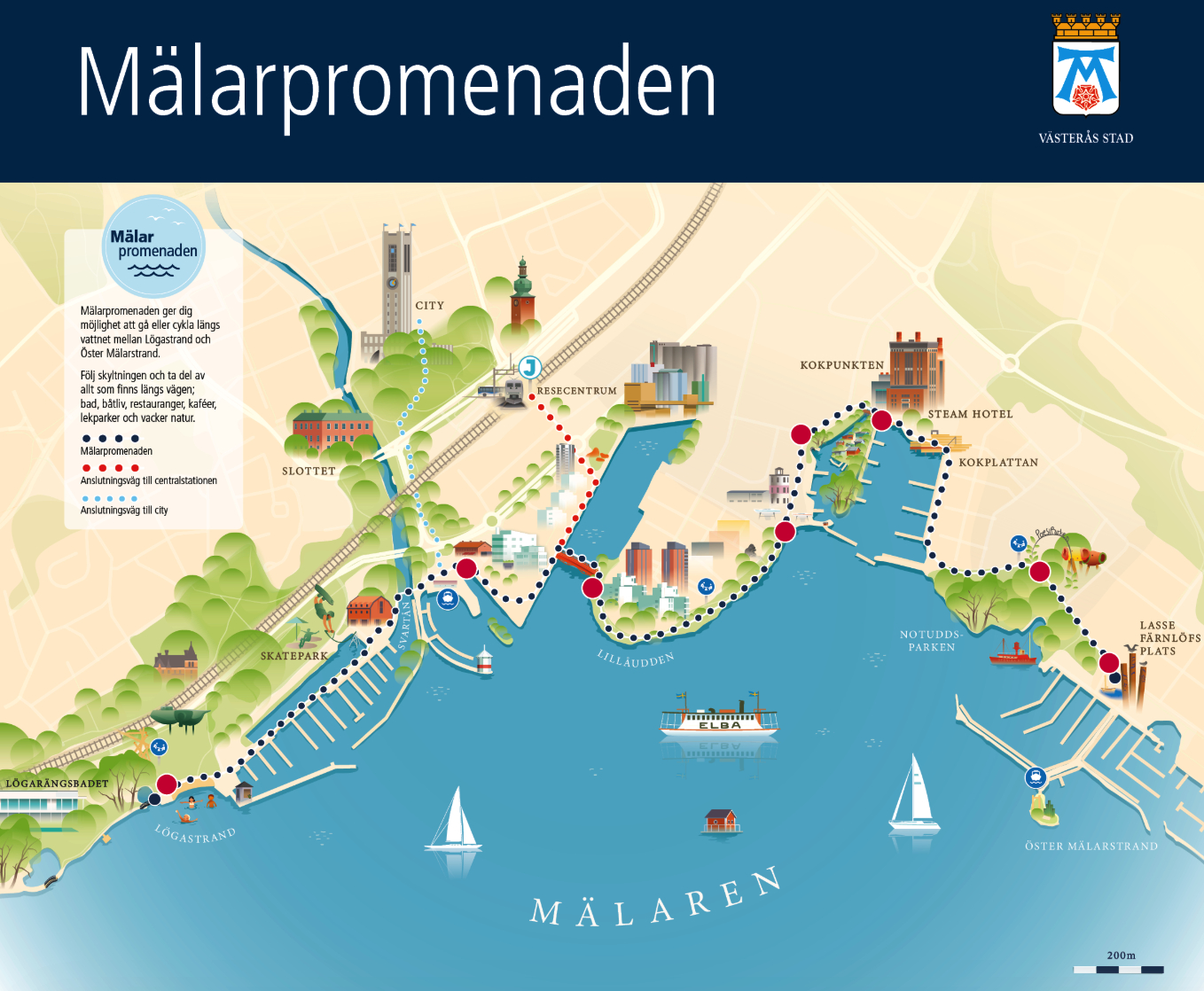 Karte der "Mälarpromenaden" – Der Mälarspaziergang, ein 4 Kilometer langer Spazierweg entlang des Ufers des Mälarsees.