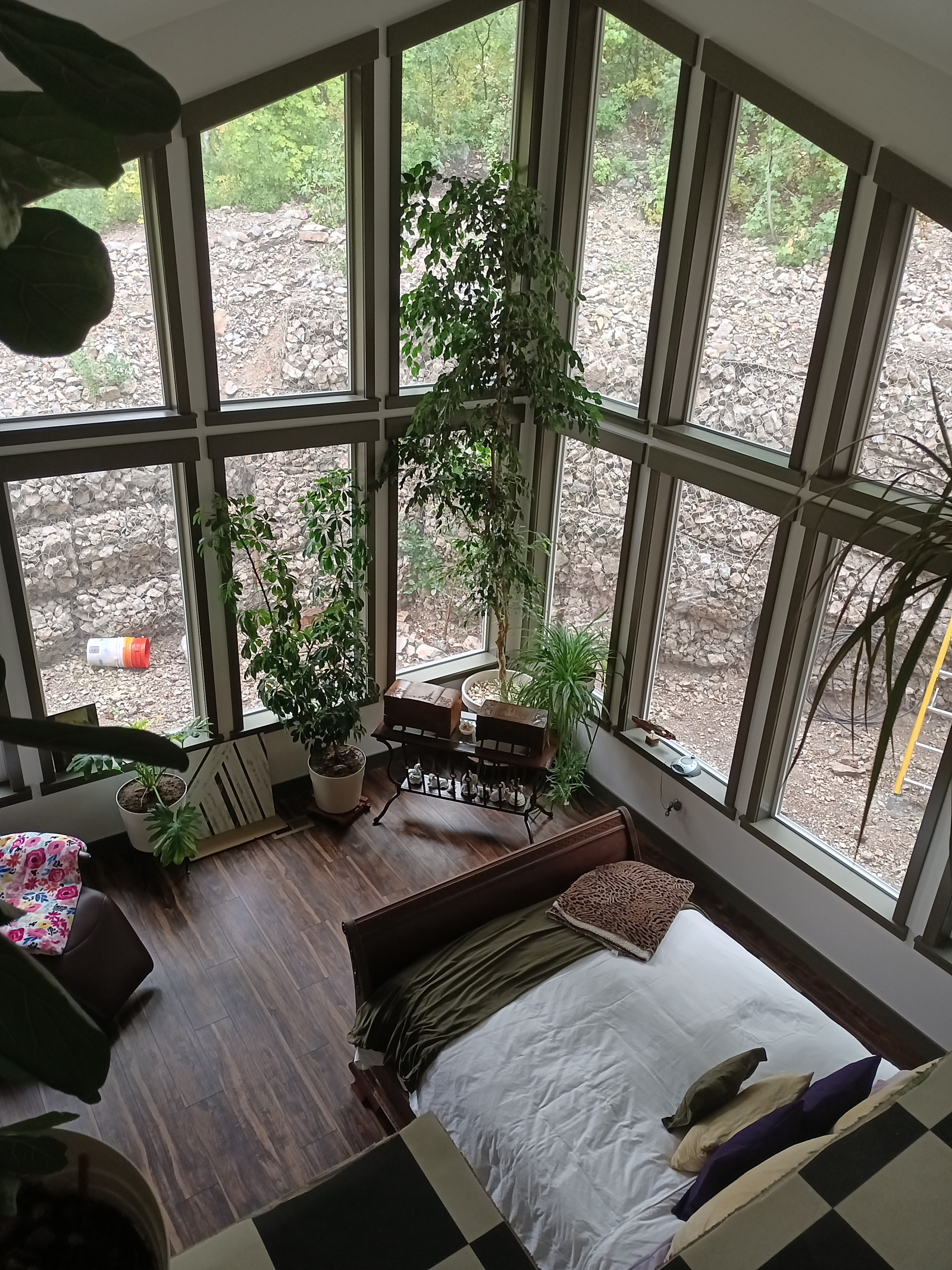 View from the mezzanine showing the master bedroom, queen size..