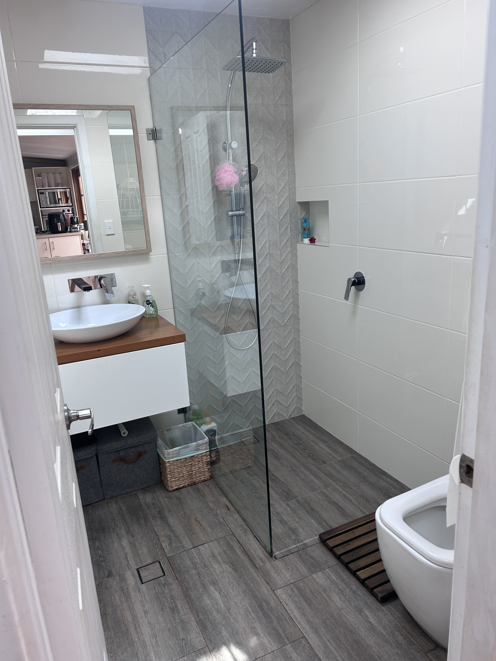 Bathroom with open shower
