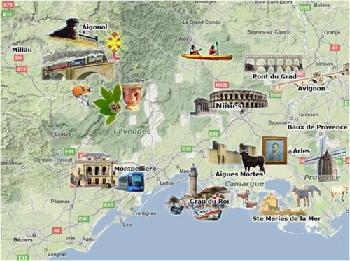 Mapa de las principales visitas a 1 hora en coche, 1h30 para el Mont Aigoual en las Cévennes, clasif ...