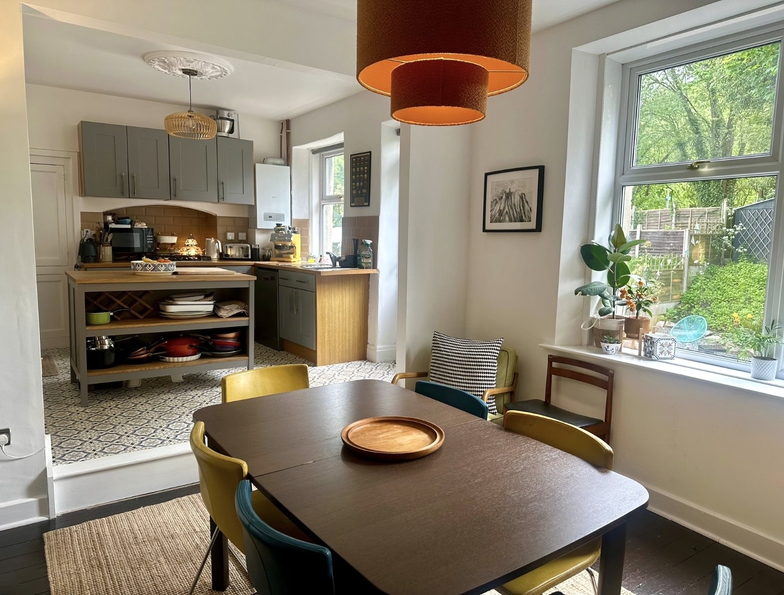 Spacious kitchen and dining area with extendable table to fit 10.