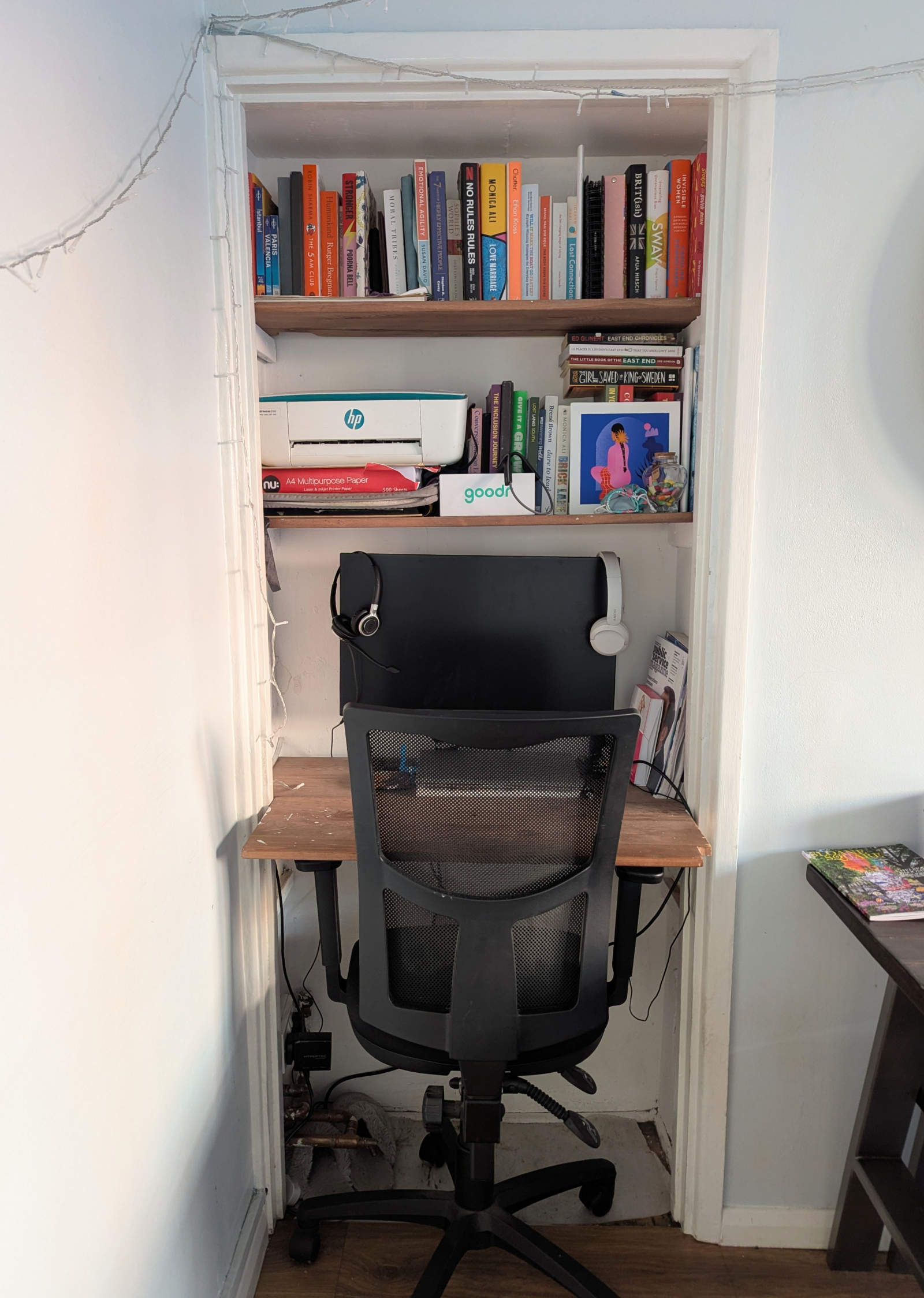 Desk in living room where I work, you're welcome to connect your laptop to the screen and work from ...