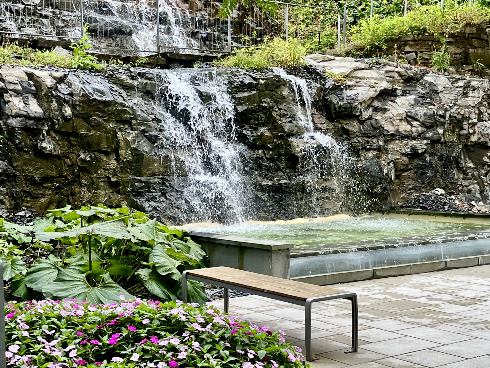 Im Herzen meines schönen Gartens stürzt ein Miniatur-Wasserfall mit sanfter Anmut herab, seine Anwes ...