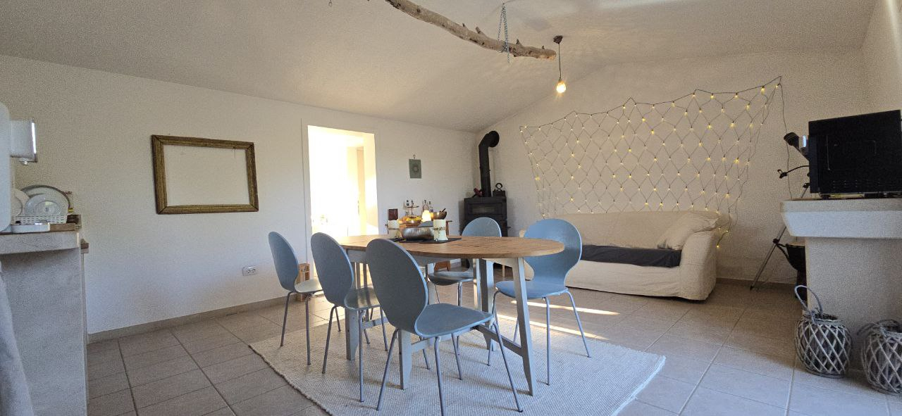 Spacious living room with kitchen, sleeping couch, wood stove for winterperiods. View 4