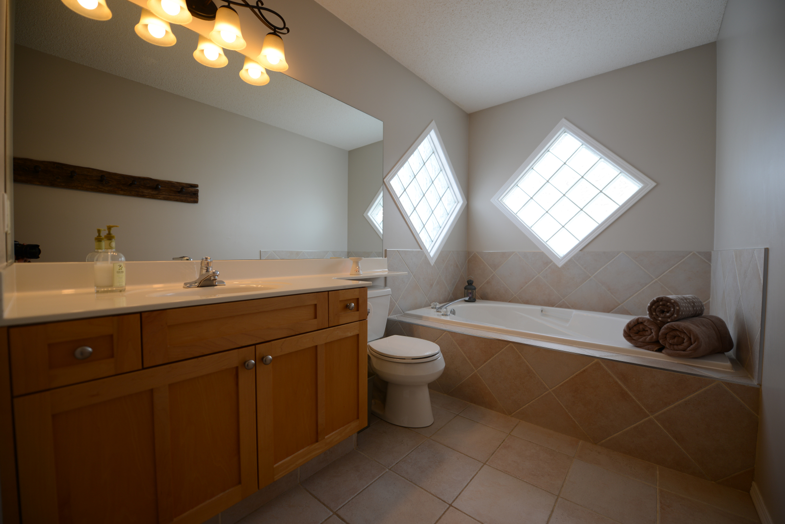 Primary ensuite bathroom, large deep tub and stand alone shower.