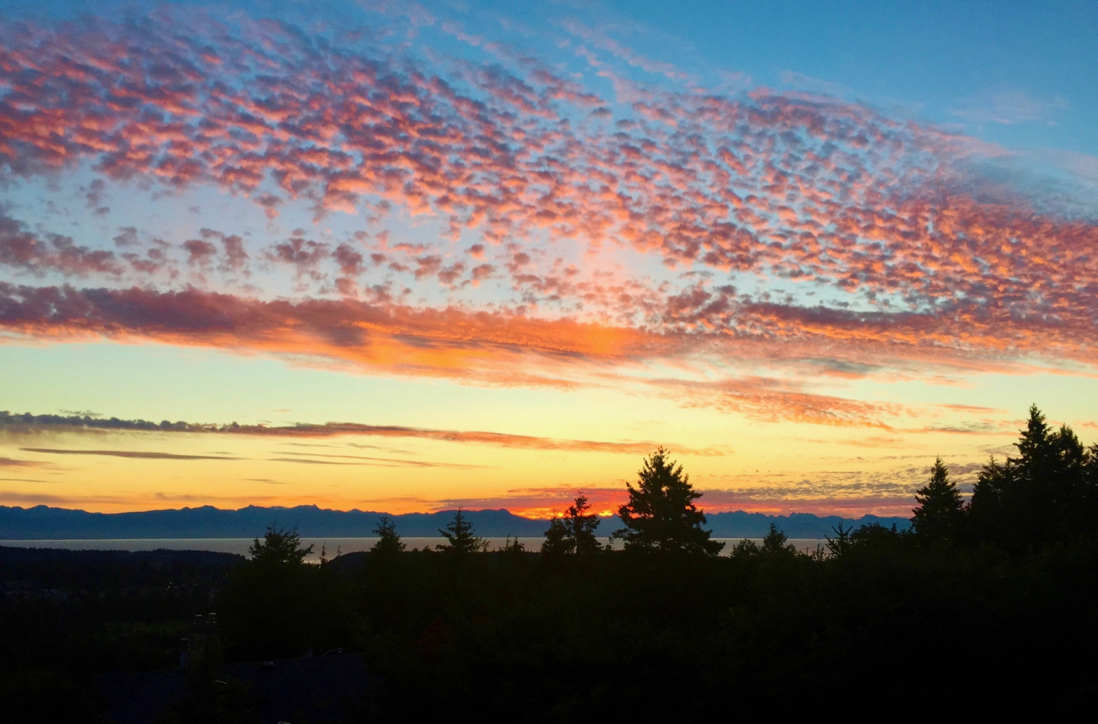 Vista dell'alba dal nostro ponte sul mare di Salish e sulla catena montuosa costiera.