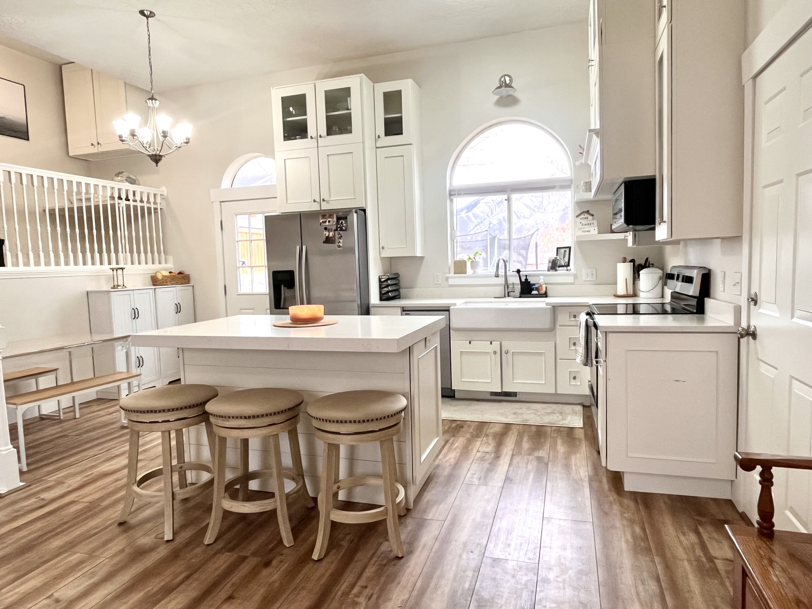 Dining room table seats 4 comfortably and counter seats 3 more. When we pull up two more chairs to t ...