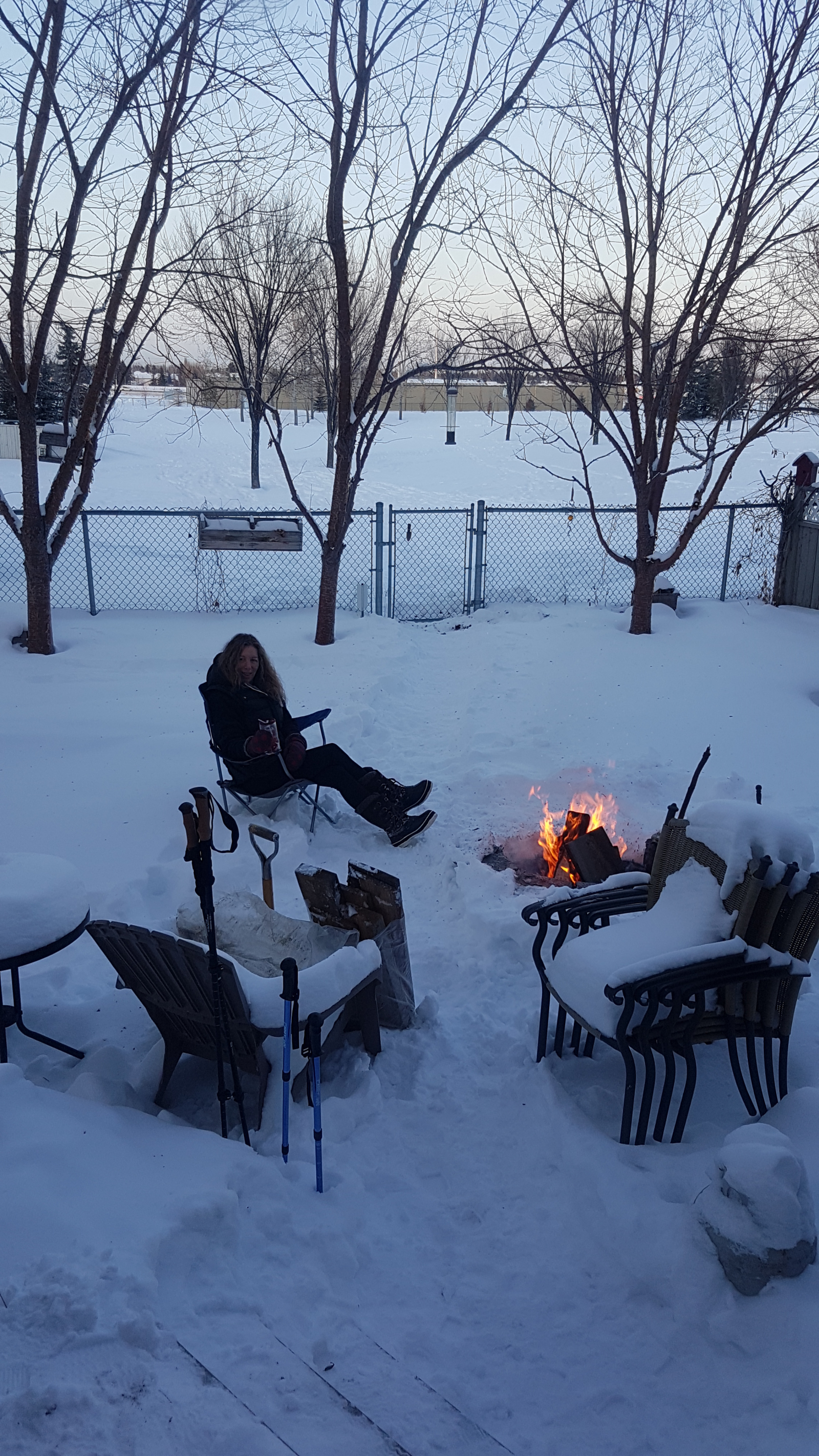 Hot chocolate and a winter fire in the back yard.