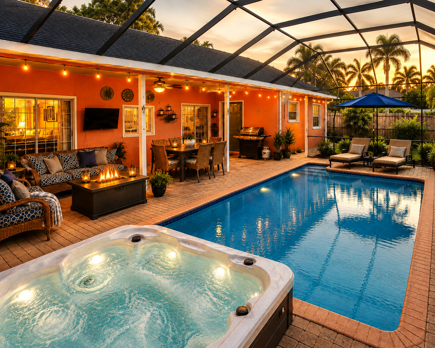 ¡Nuestro lanai exterior totalmente mosquitero es una de nuestras partes favoritas de la casa! Disfruta de la piscina privada y el jacuzzi, sofás cómodos, mesa de comedor exterior, barbacoa de barbacoa, mesa de fuego y televisor: todo lo que necesitas para días relajantes en piscina, cenas al aire libre y noches acogedoras juntos.