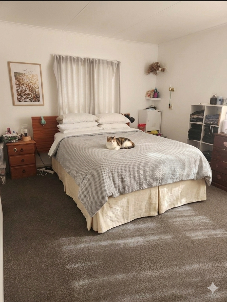 The main bedroom has a queen bed, with floor space to add the trundle bed, a porta-cot or air mattress.