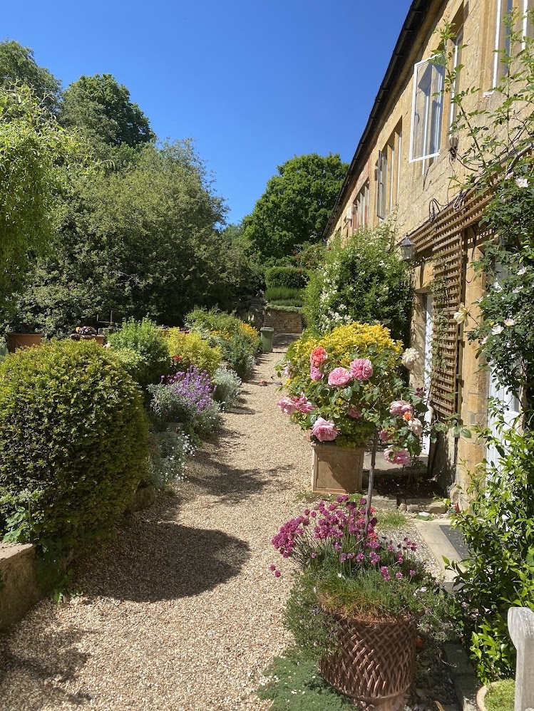 Our house is on the right, with the front door behind the rose bush