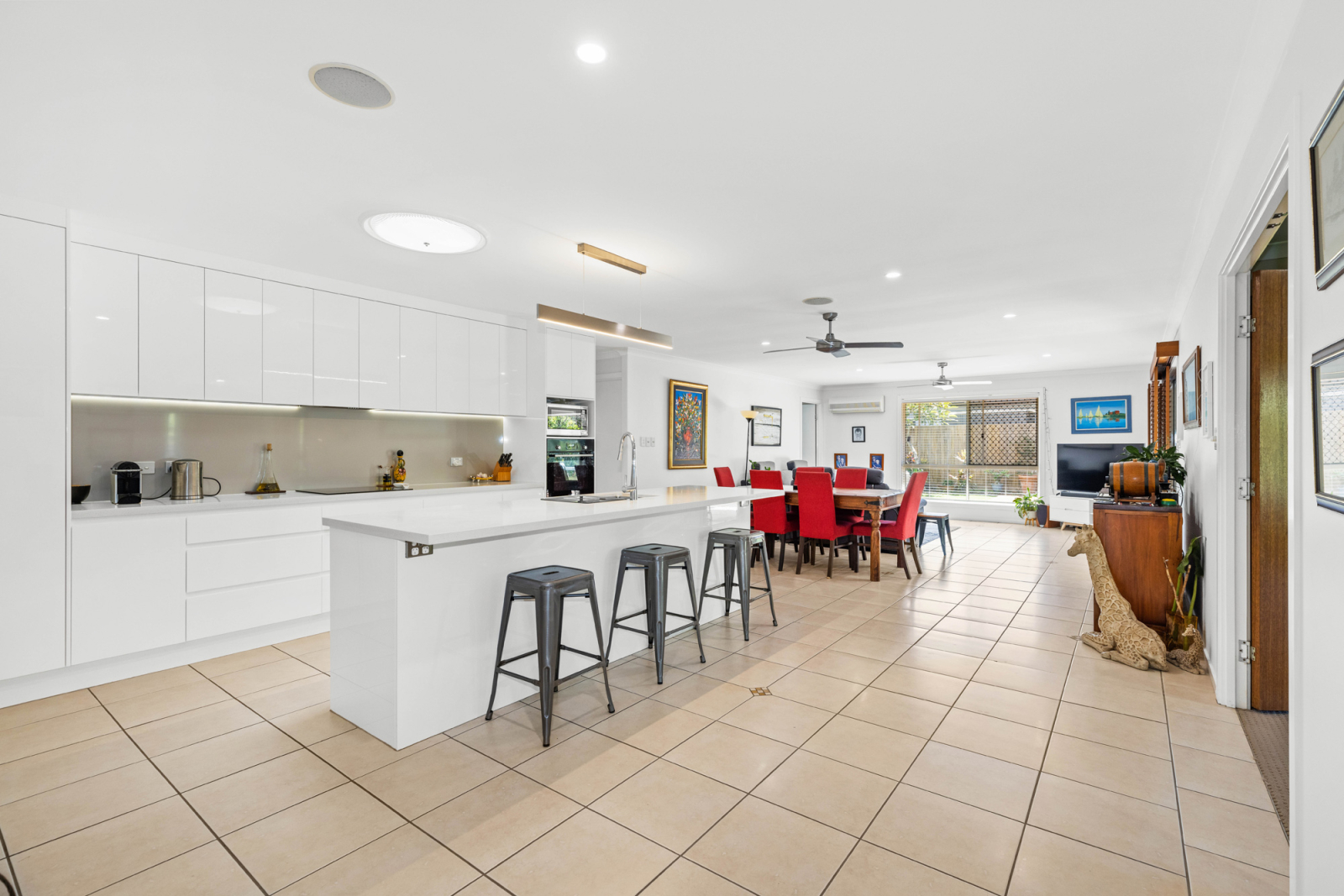 Open plan kitchen; dining and living