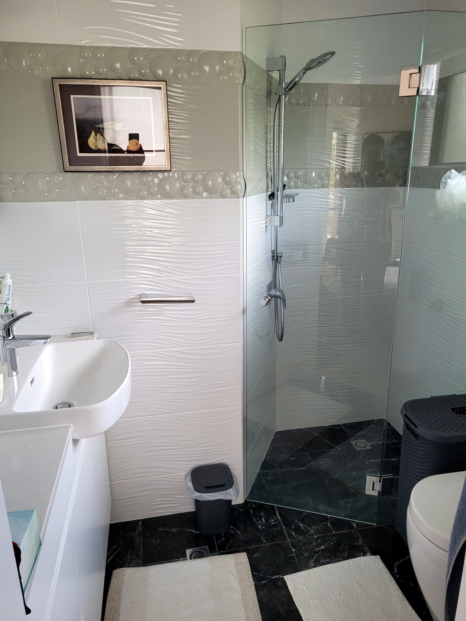 El dormitorio principal tiene un pequeño baño privado con ducha a ras de suelo, inodoro y tocador.