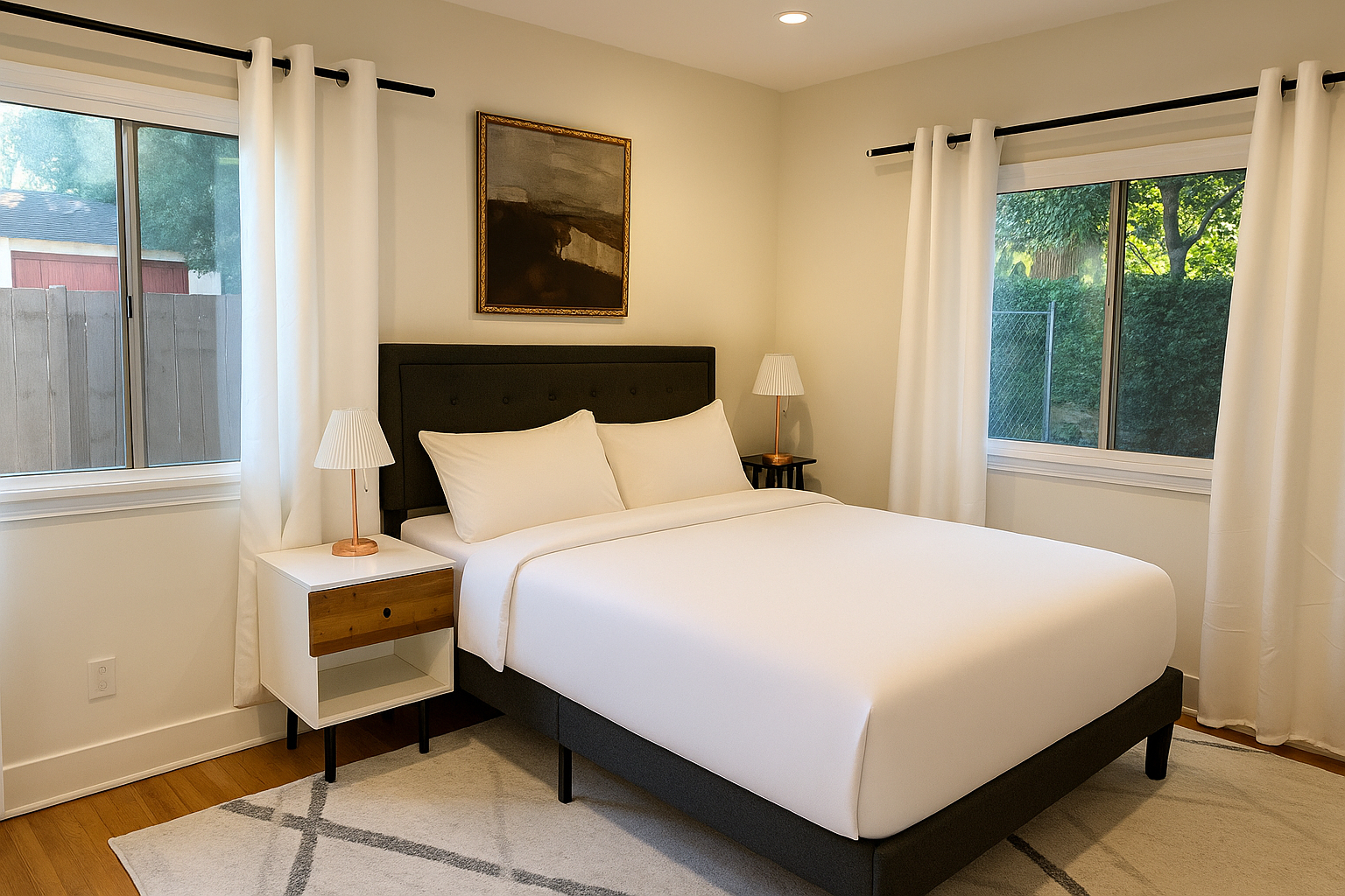 Bedroom 1 with a queen size bed and attached bathroom