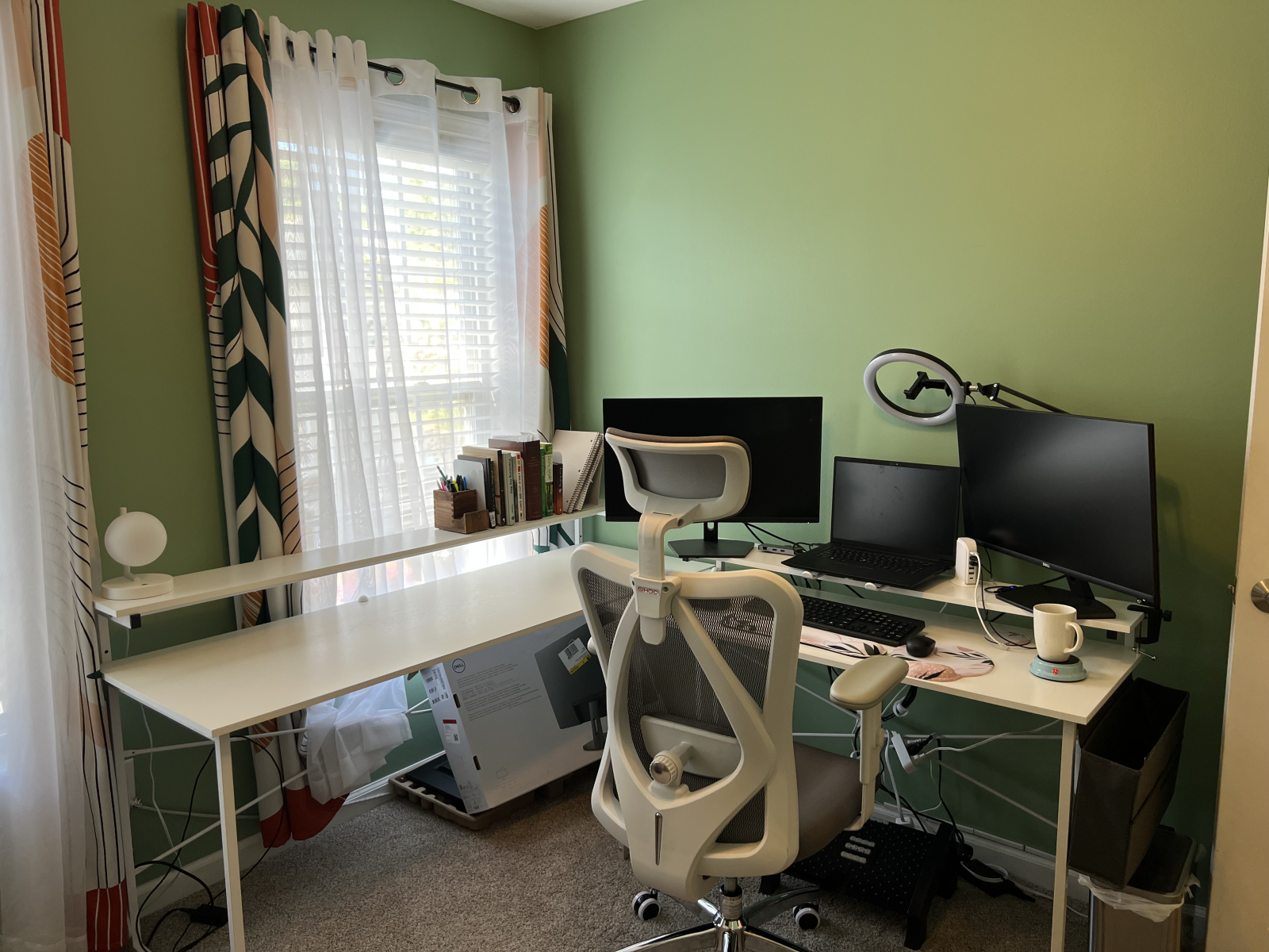 Home office L shaped desk and ergonomic chair