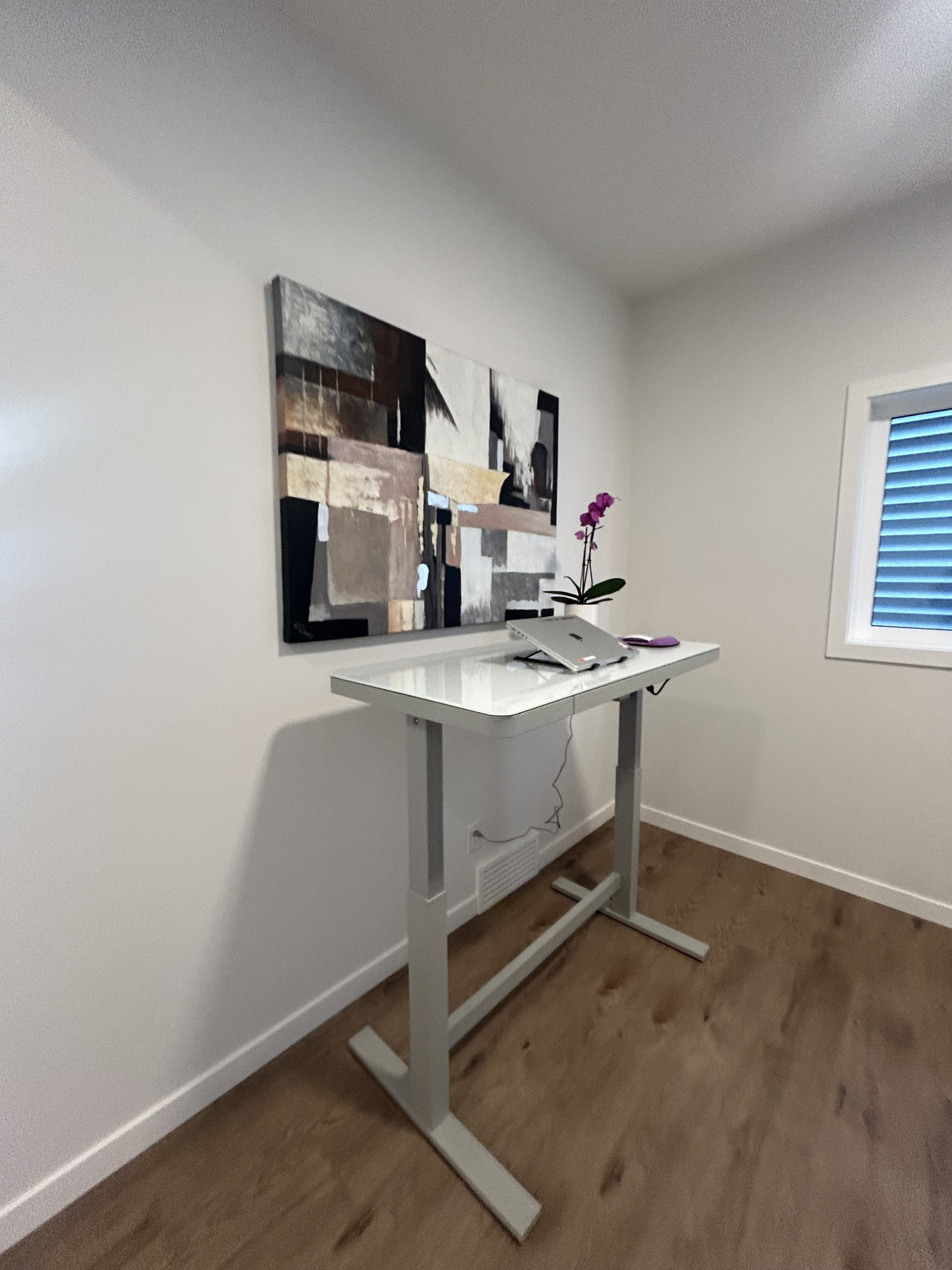 Open-concept work area with electric standing desk and ergonomic Herman Miller chair