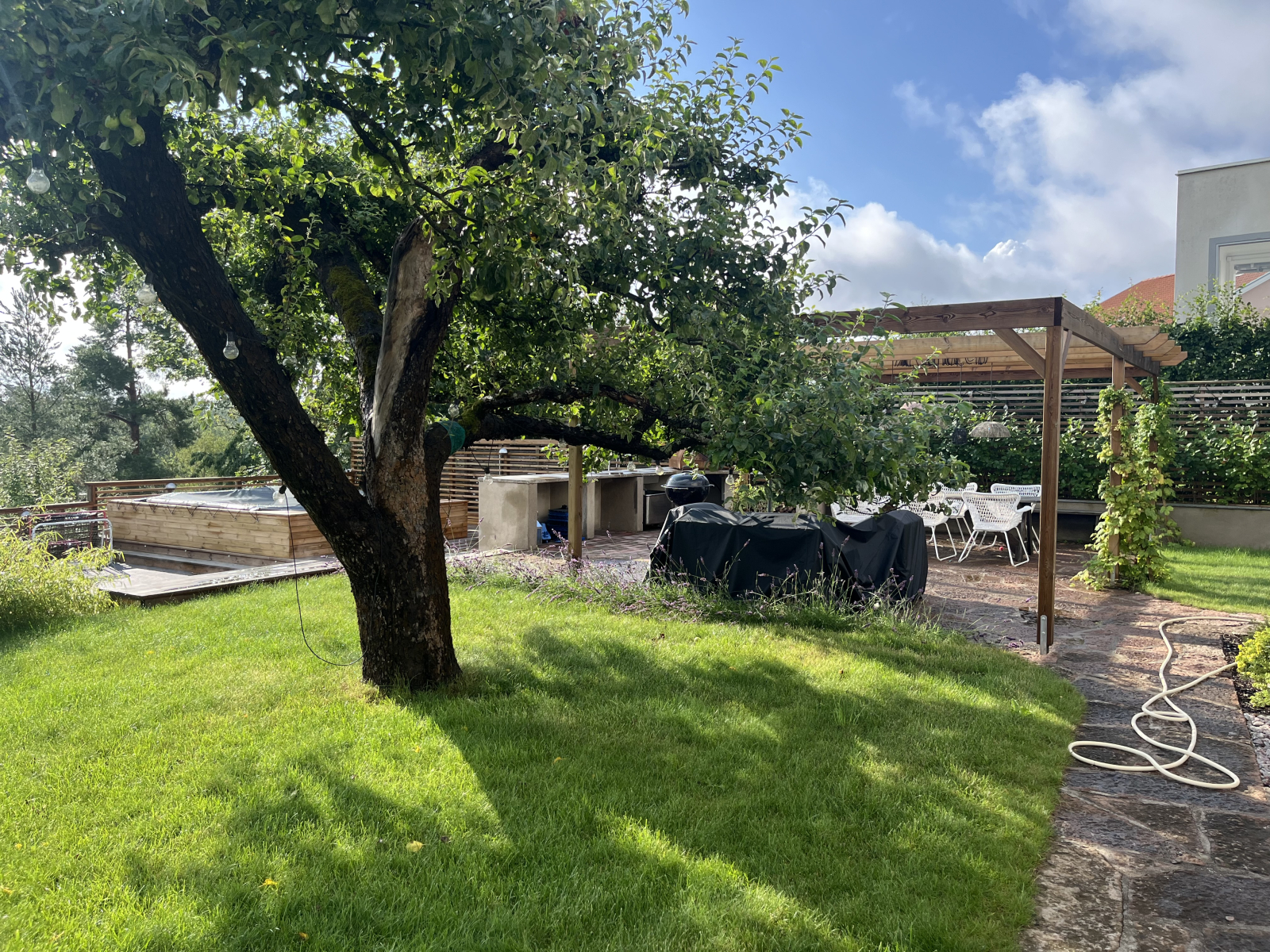 Il giardino con barbecue, forno a legna, piscina.