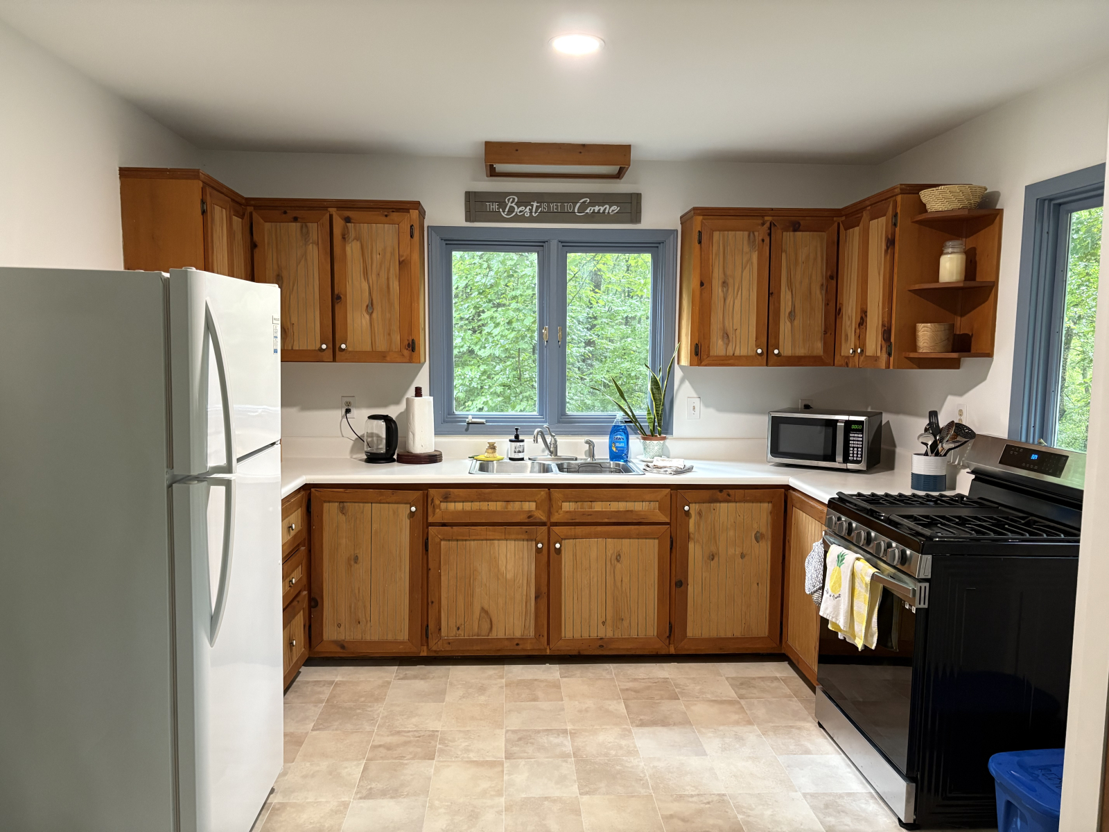 Volledig gevulde keuken met basics potten, pannen, bestek nodig om maaltijden te bereiden. Je neemt ...