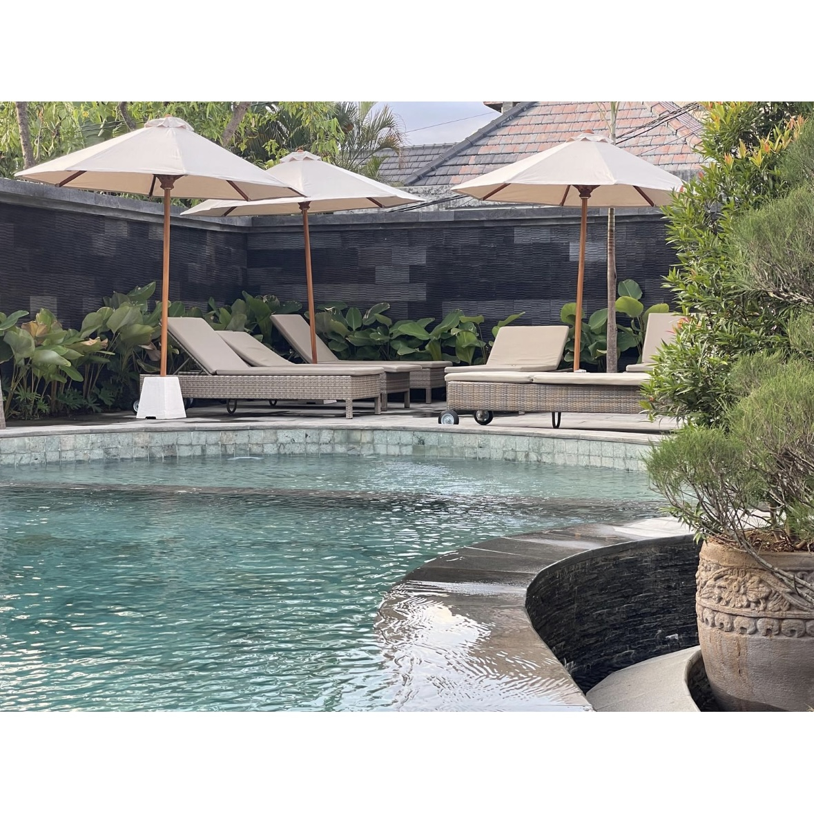 Nuestra zona de piscina, con tumbonas y sombrillas.