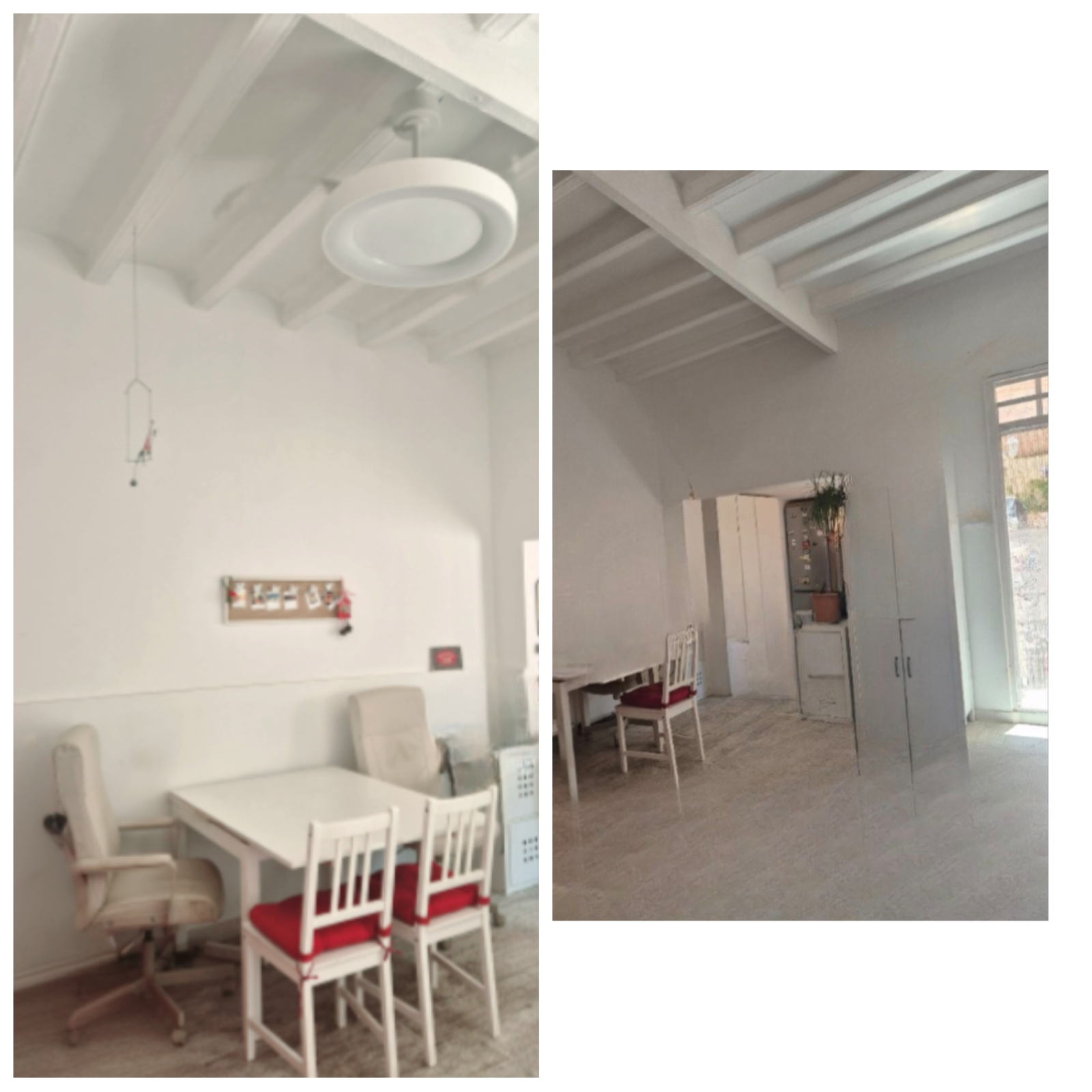 A sala de estar é também a área de jantar com cozinha aberta e acesso ao terraço ao nível do chão.