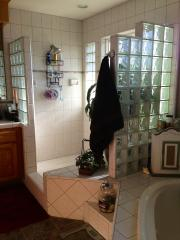 Master Bathroom, walk-in shower, double sinks, jacuzzi bath, toilet.