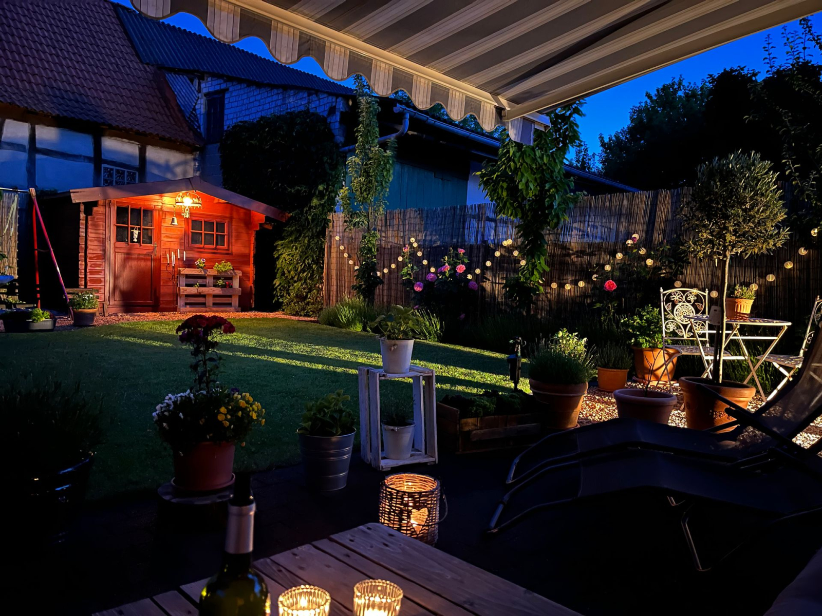 Jardim à noite com iluminação