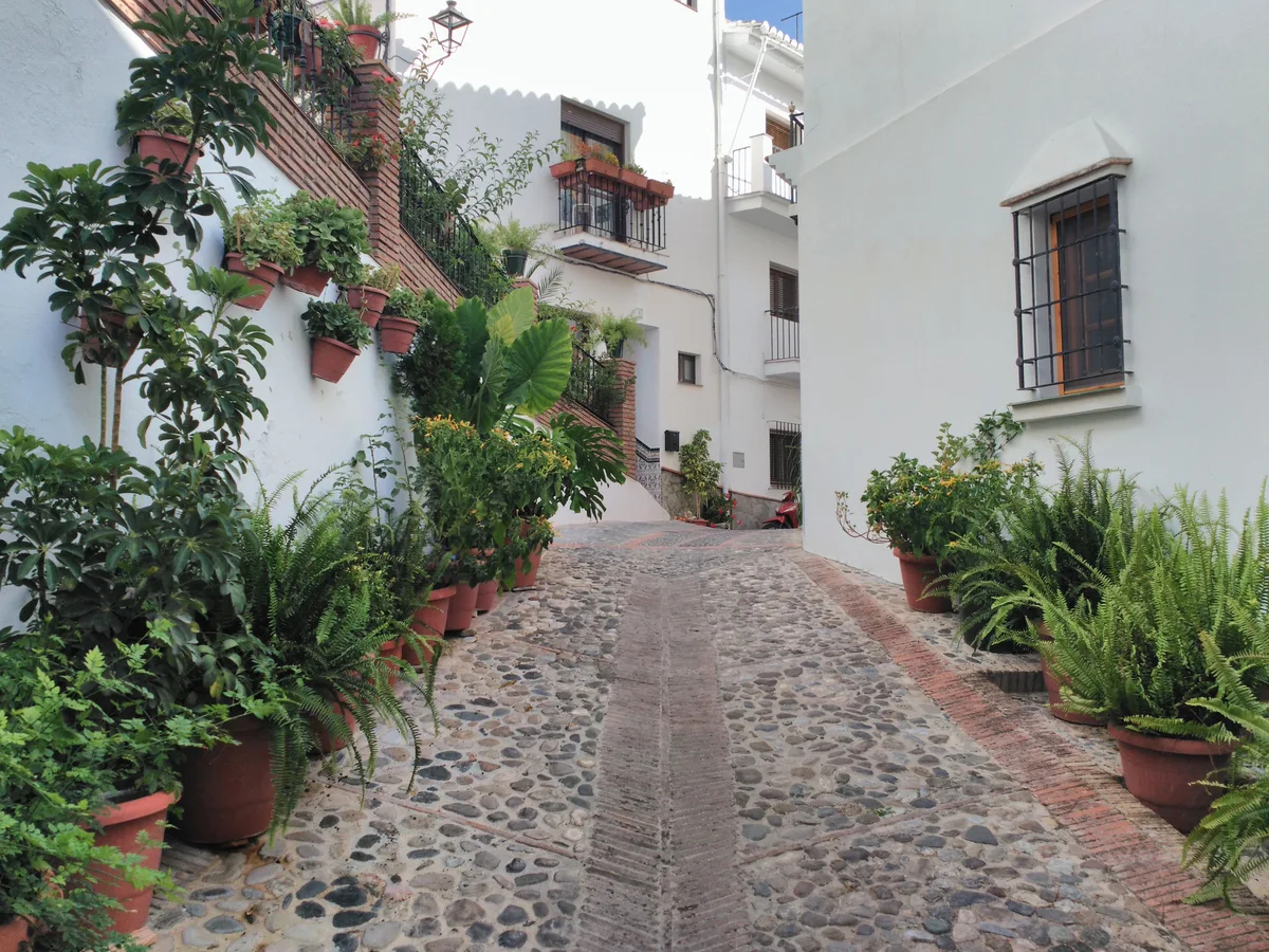 Plant-filled streets in Casarabonela around white houses perched on the hill
