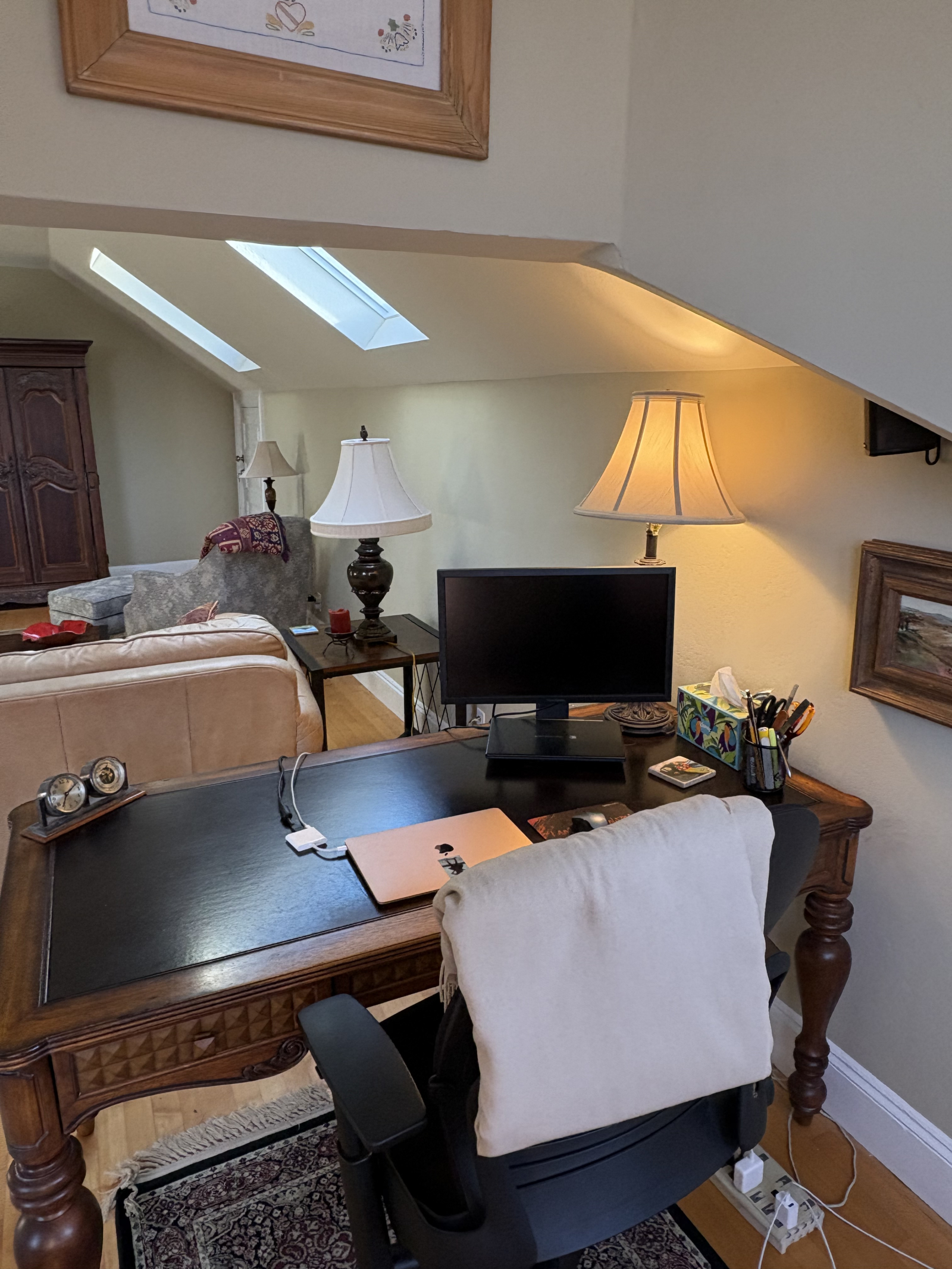 Desk, ergonomic office chair, 20'" monitor with HDMI cable.