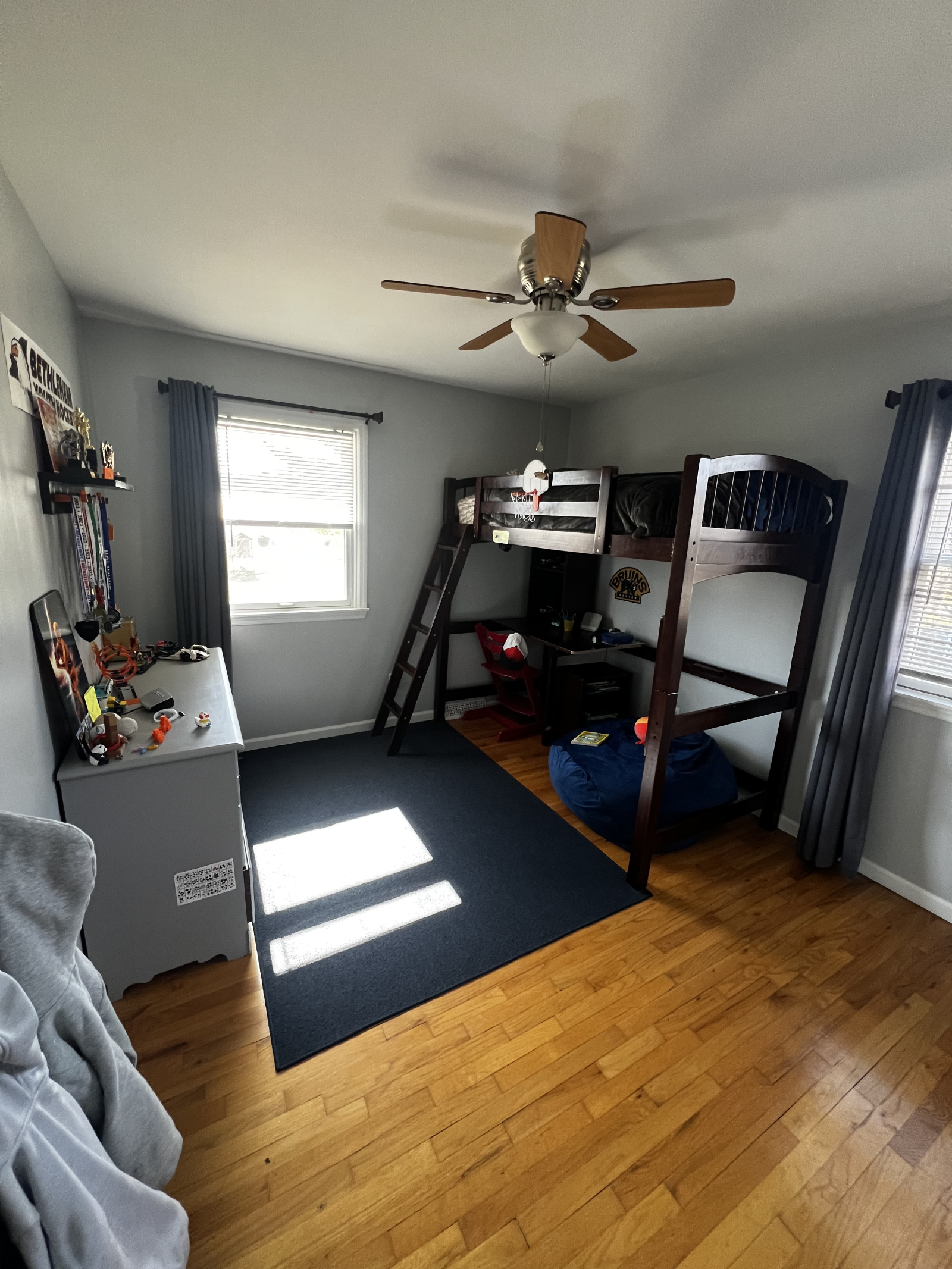 Loft twin bed with desk under. Nugget couch or air mattress available to put in room if loft is not ideal for guests.
