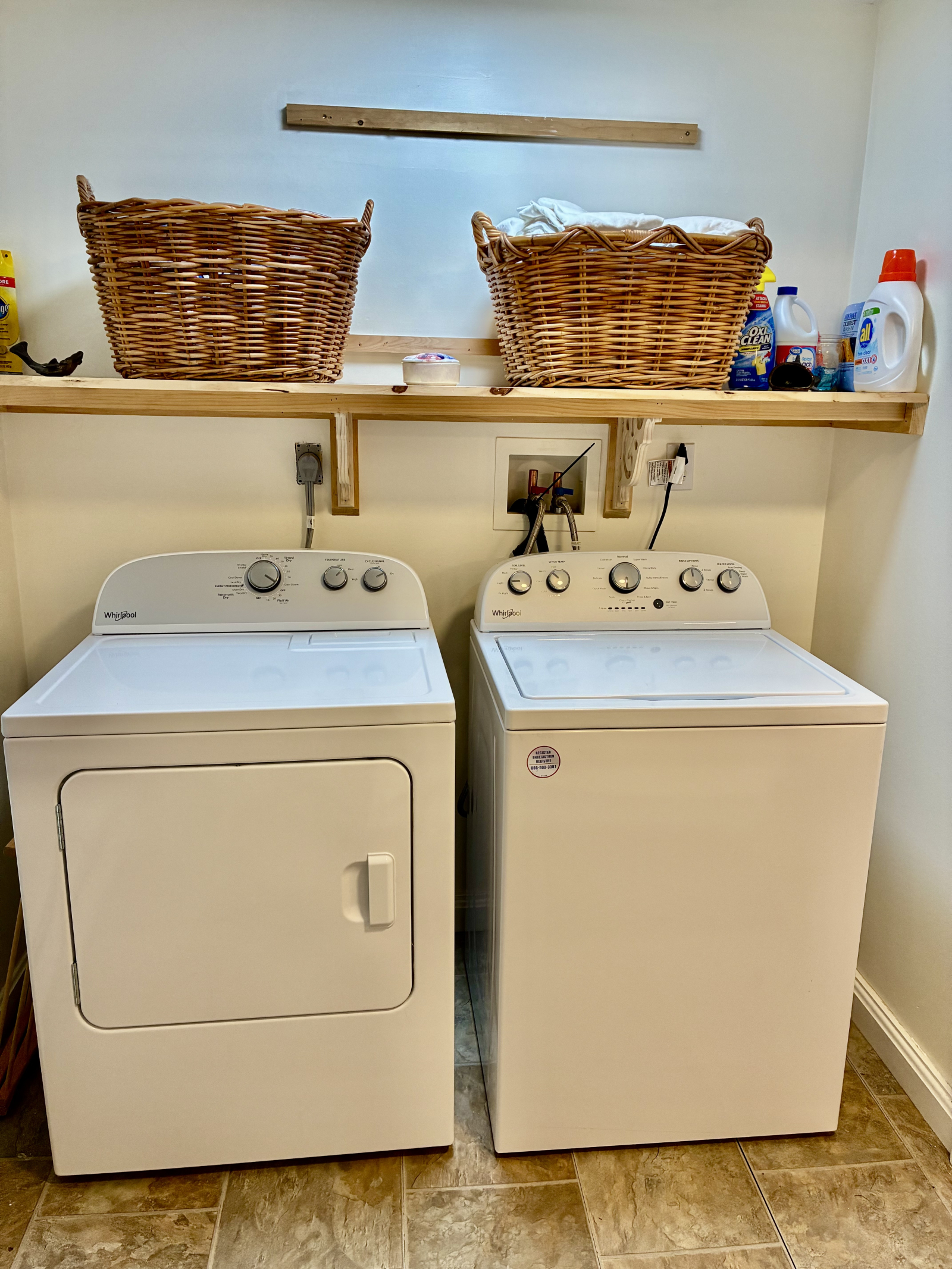 New, full sized washer and dryer. Detergent, bleach, and stain remover.