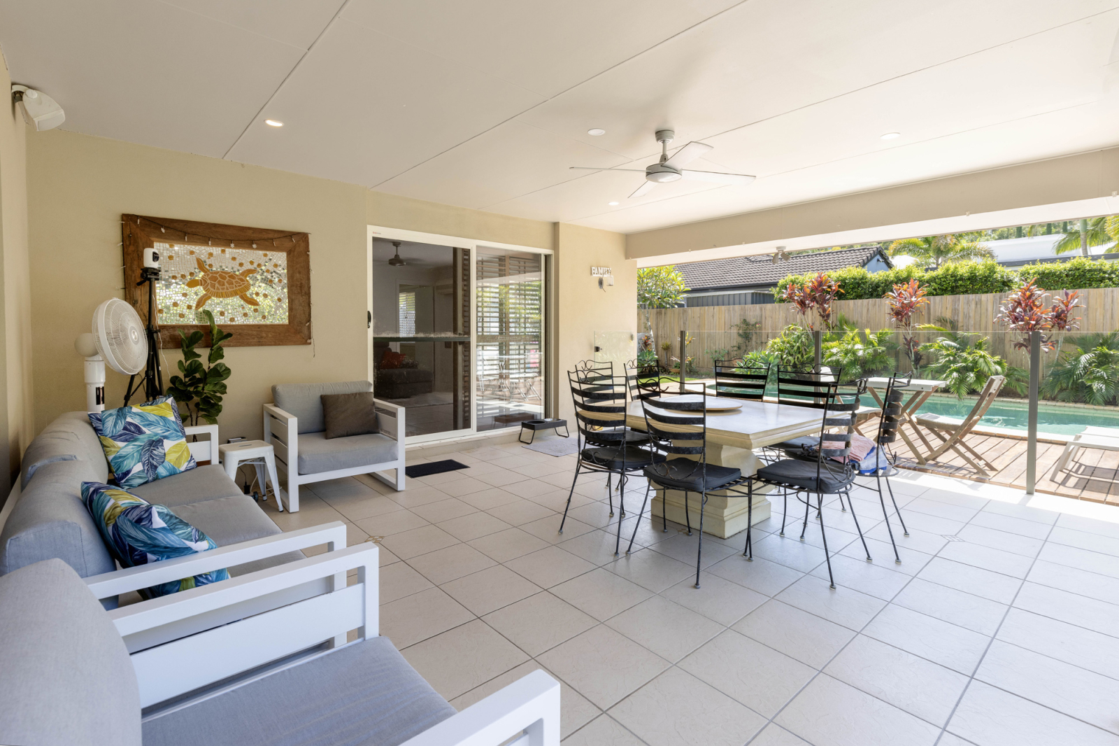 Huge outdoor undercover entertaining; living and dining overlooking swimming pool and park