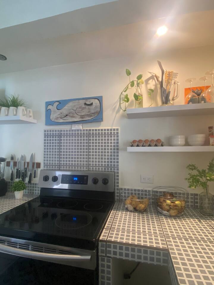 Tutto ciò che serve in cucina: fornelli elettrici, frullatore, spremia, filtro, pentole e padelle integrali. Niente lavastoviglie o microonde.